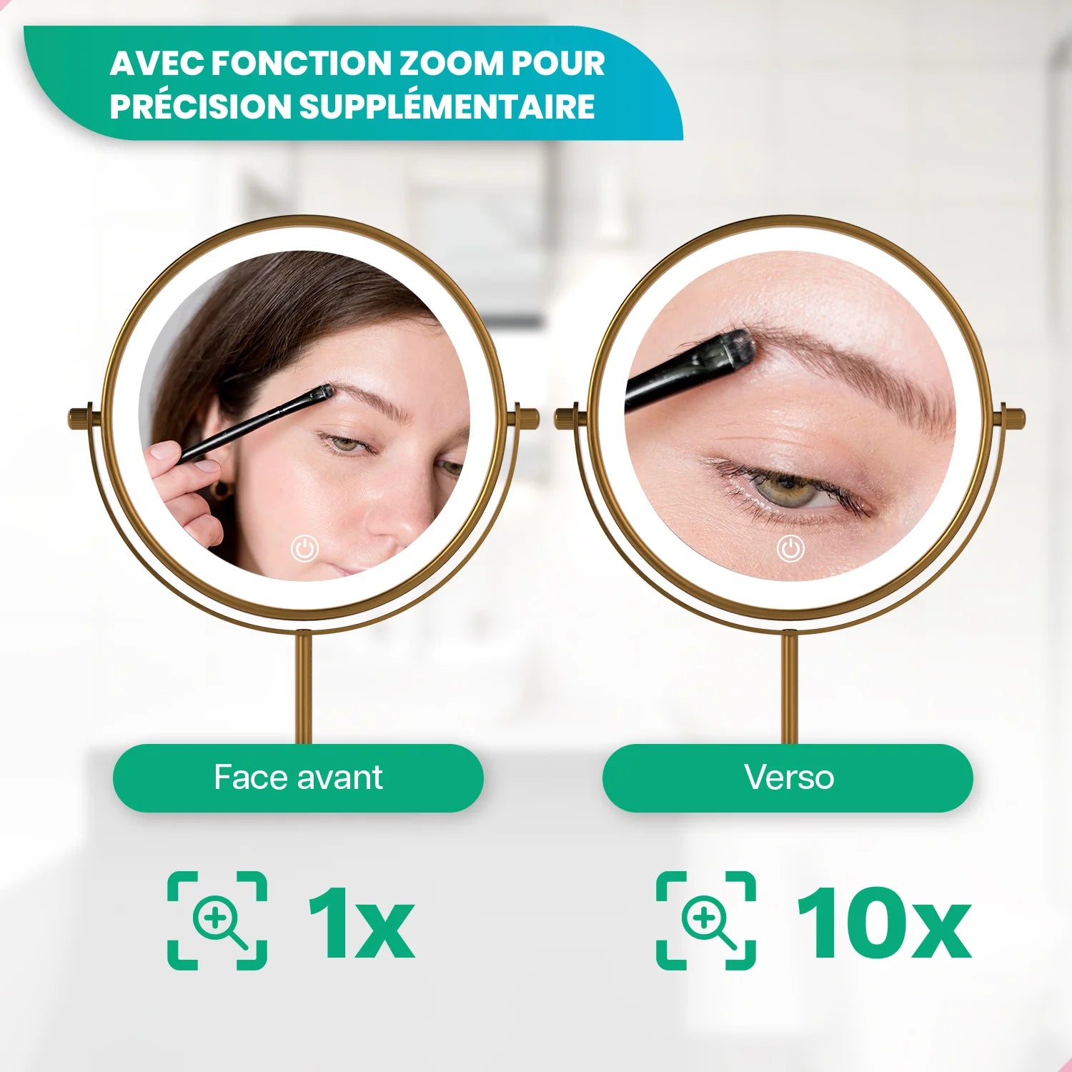 Miroir de maquillage - Rechargeable - Or - Grossissement 1-10x
