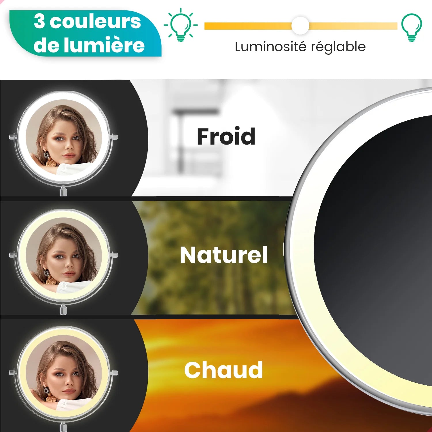 Miroir de maquillage - Hauteur réglable - Chrome - Grossissement 1-10x