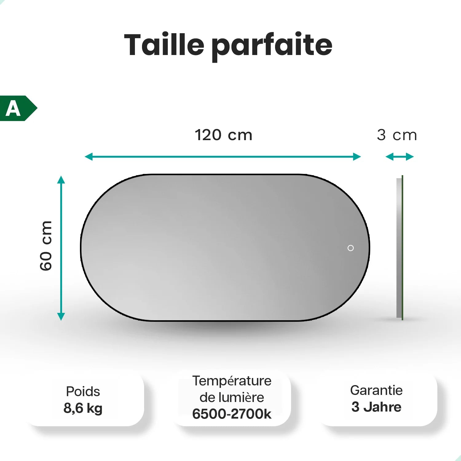 Miroir de salle de bains - 120x60cm Ovale - Cadre noir