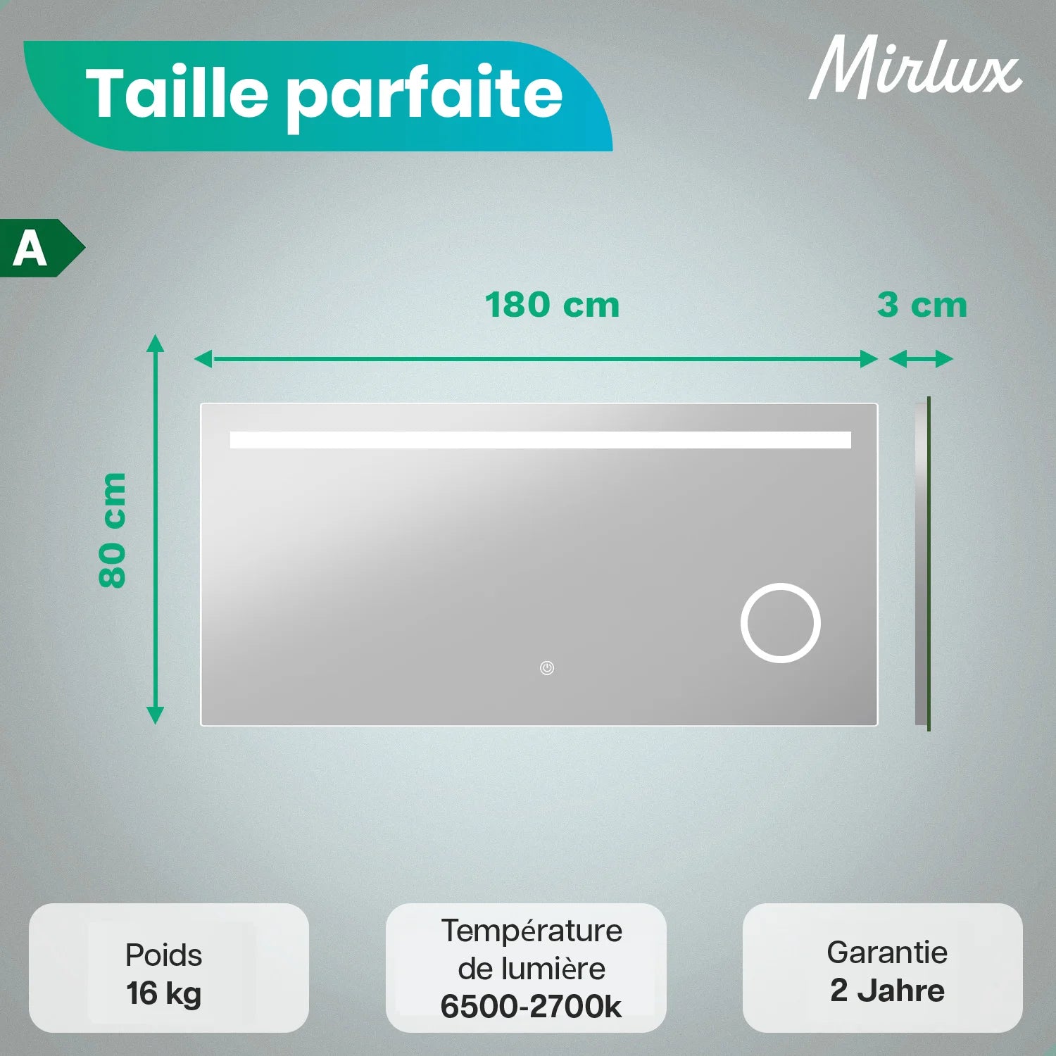 Miroir de salle de bain - 180 x 80 cm - Sans cadre