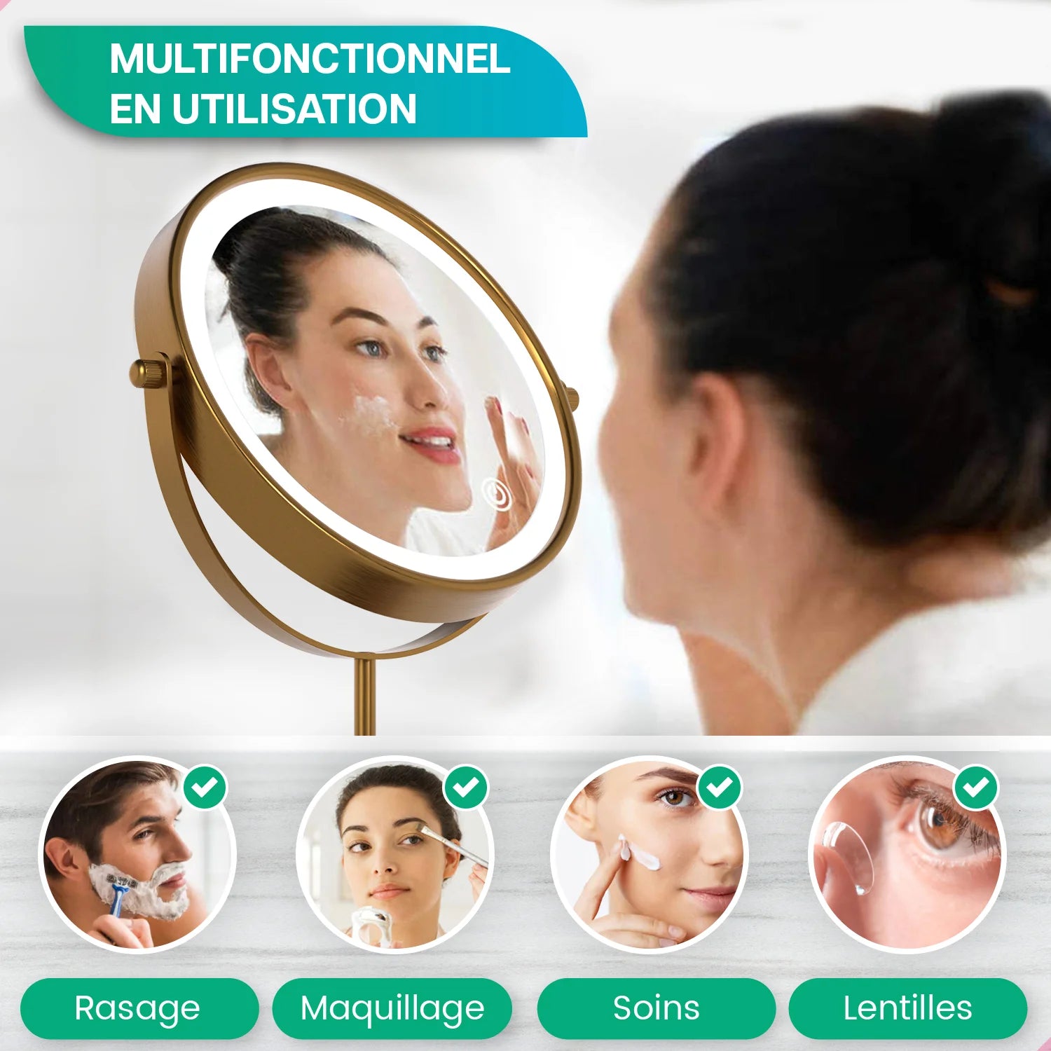 Miroir de maquillage - Rechargeable - Or - Grossissement 1-10x