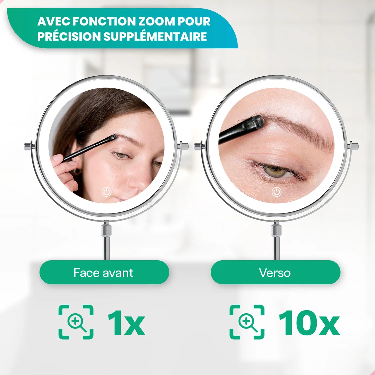 Miroir de maquillage - Hauteur réglable - Chrome - Grossissement 1-10x