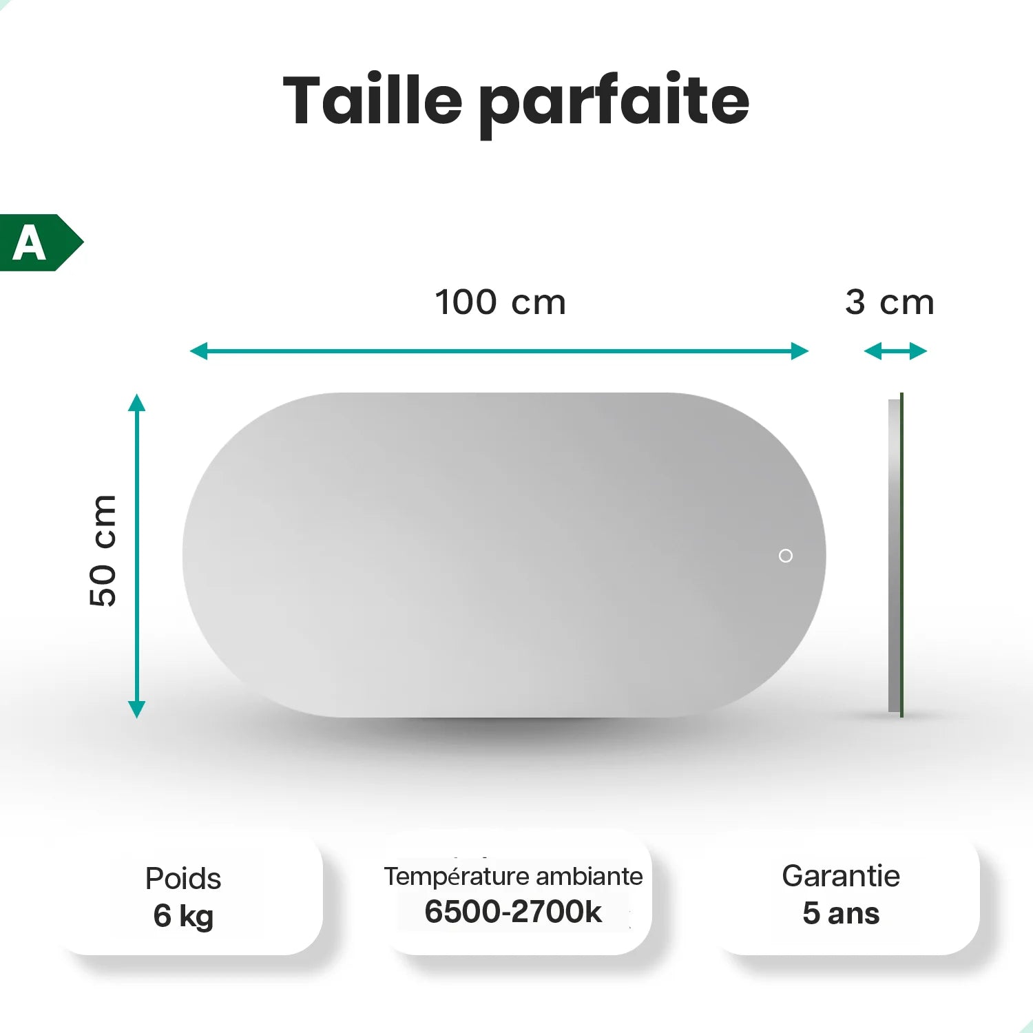 Miroir de salle de bains - 100x50cm Ovale - Cadre noir