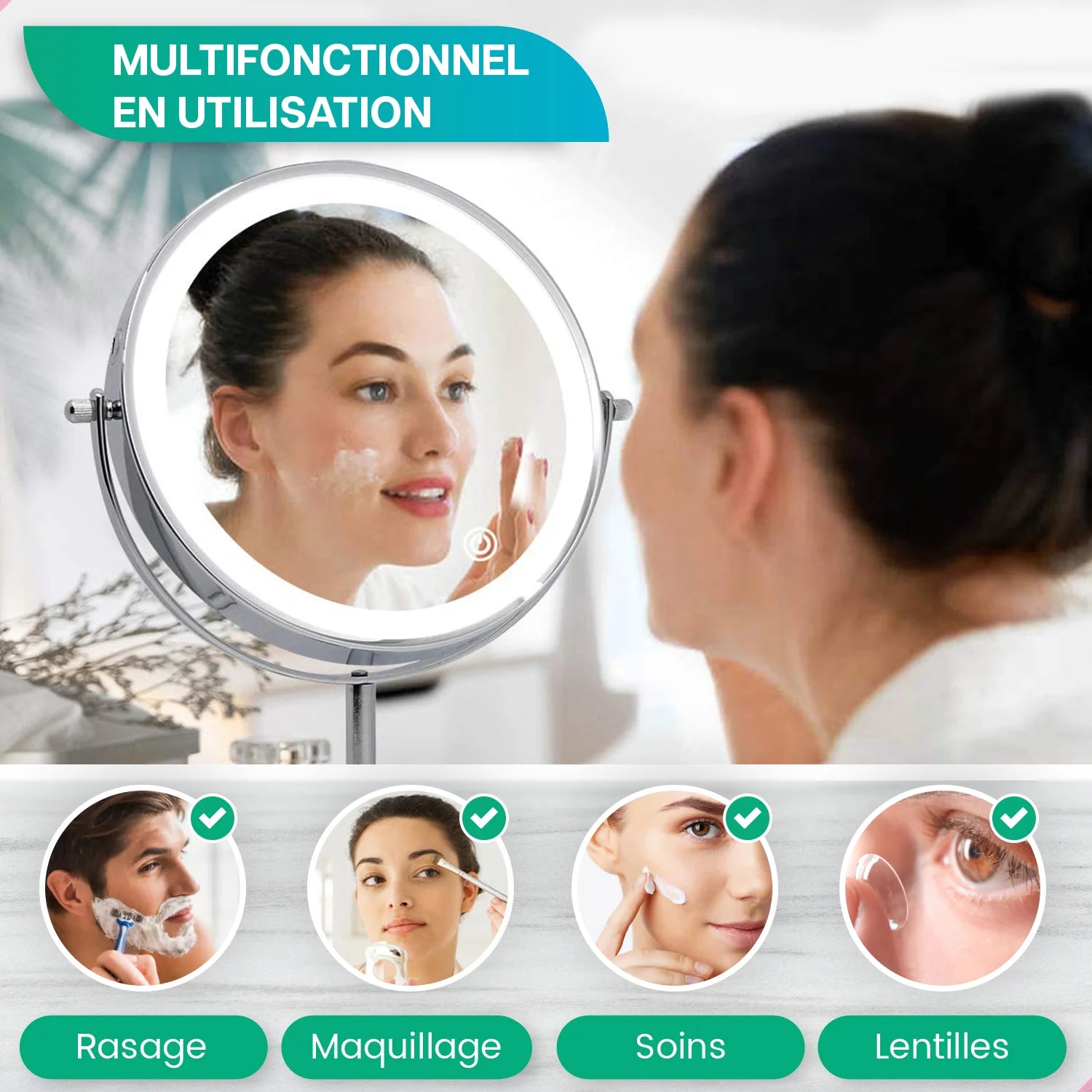 Miroir de maquillage - Hauteur réglable - Chrome - Grossissement 1-10x