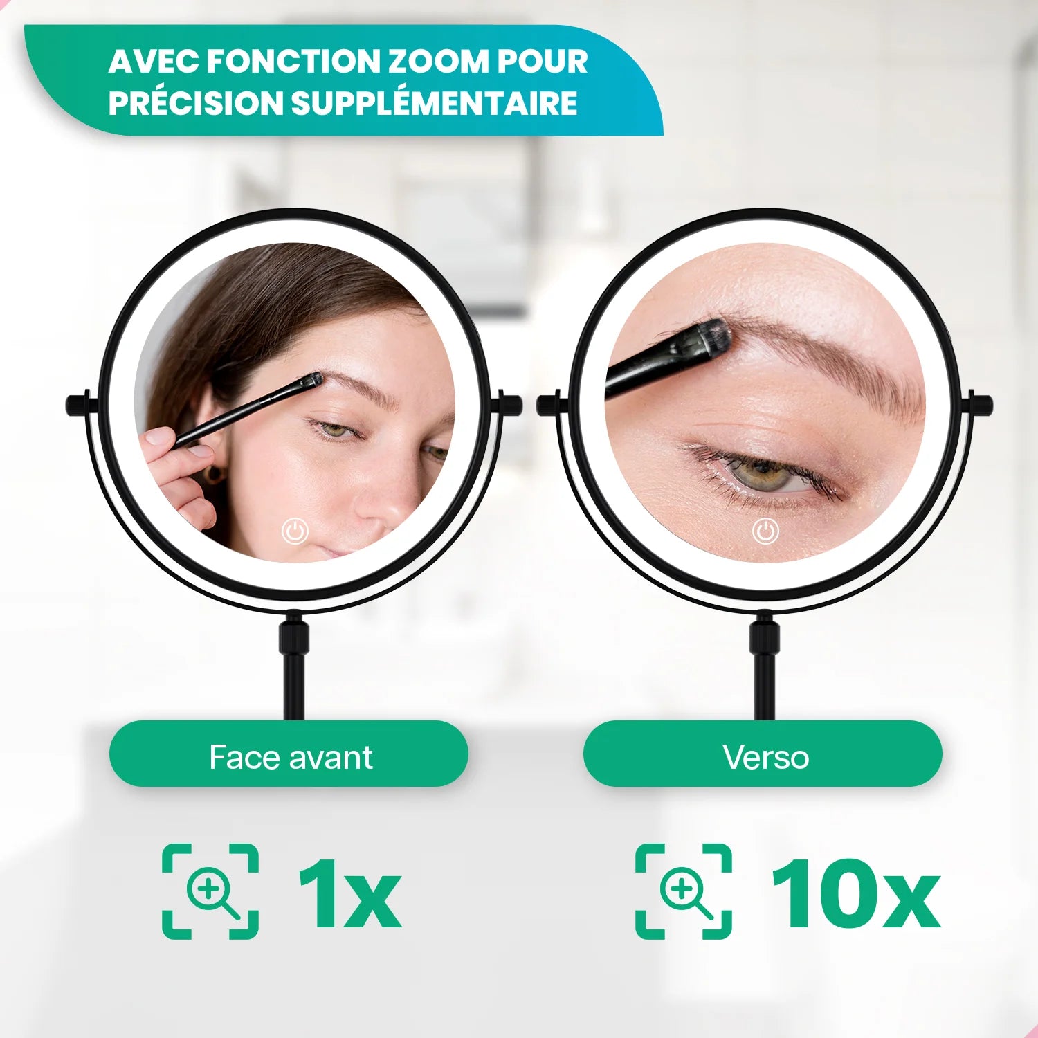 Miroir de maquillage - Hauteur réglable - Noir - Grossissement 1-10x