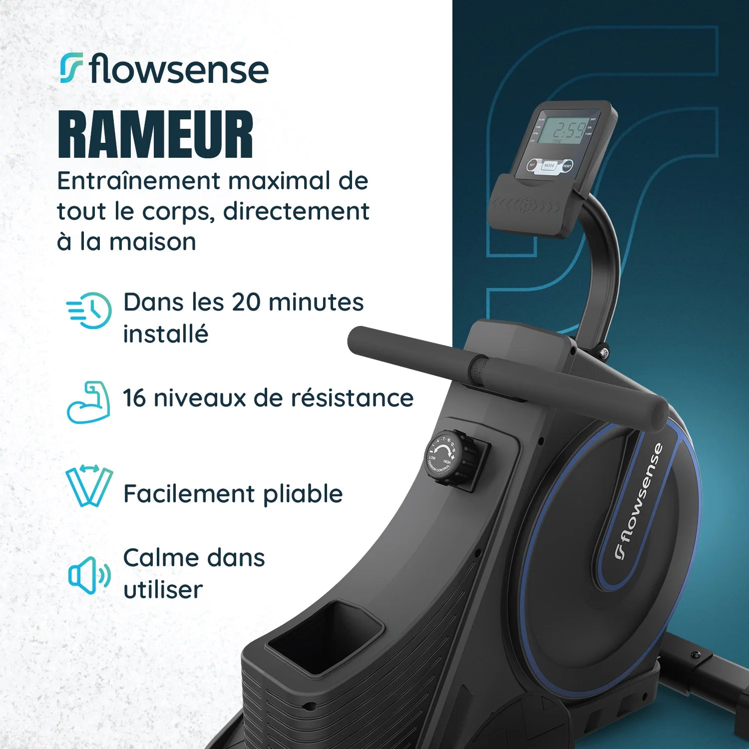 Rameur - 16 niveaux de résistance - Écran LCD