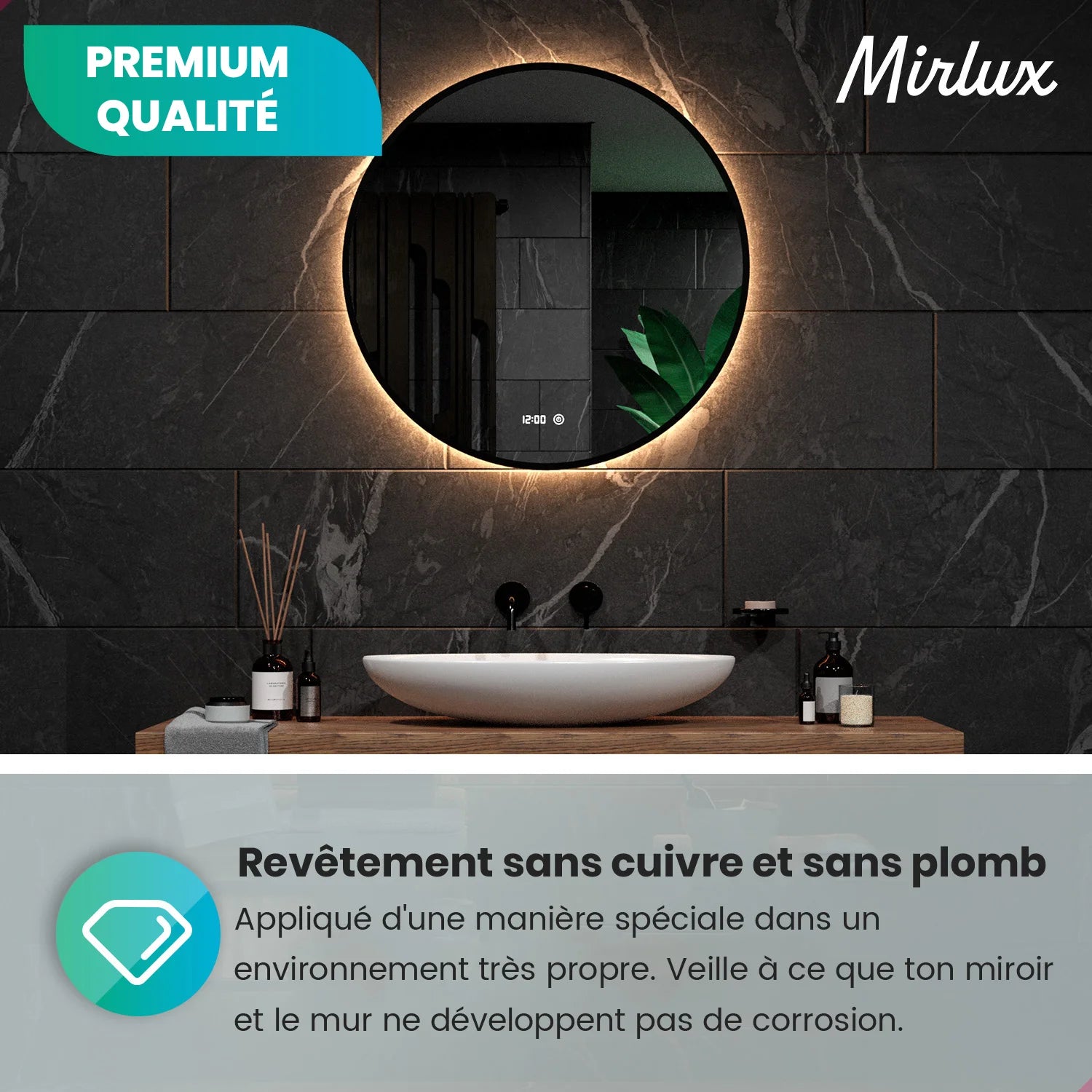 Miroir de salle de bains - 120 cm - Cadre noir - Précommander
