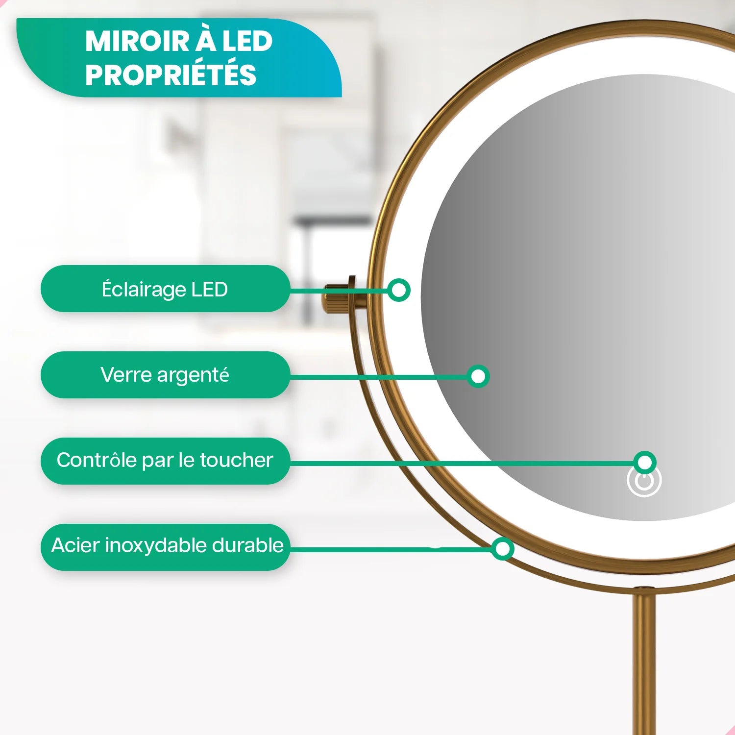 Miroir de maquillage - Rechargeable - Or - Grossissement 1-10x