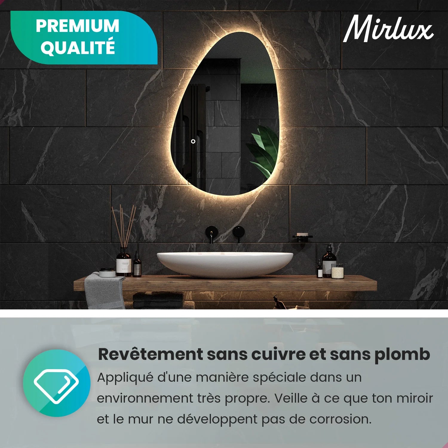 Miroir de salle de bains - 150x93cm Asymétrique - Sans cadre