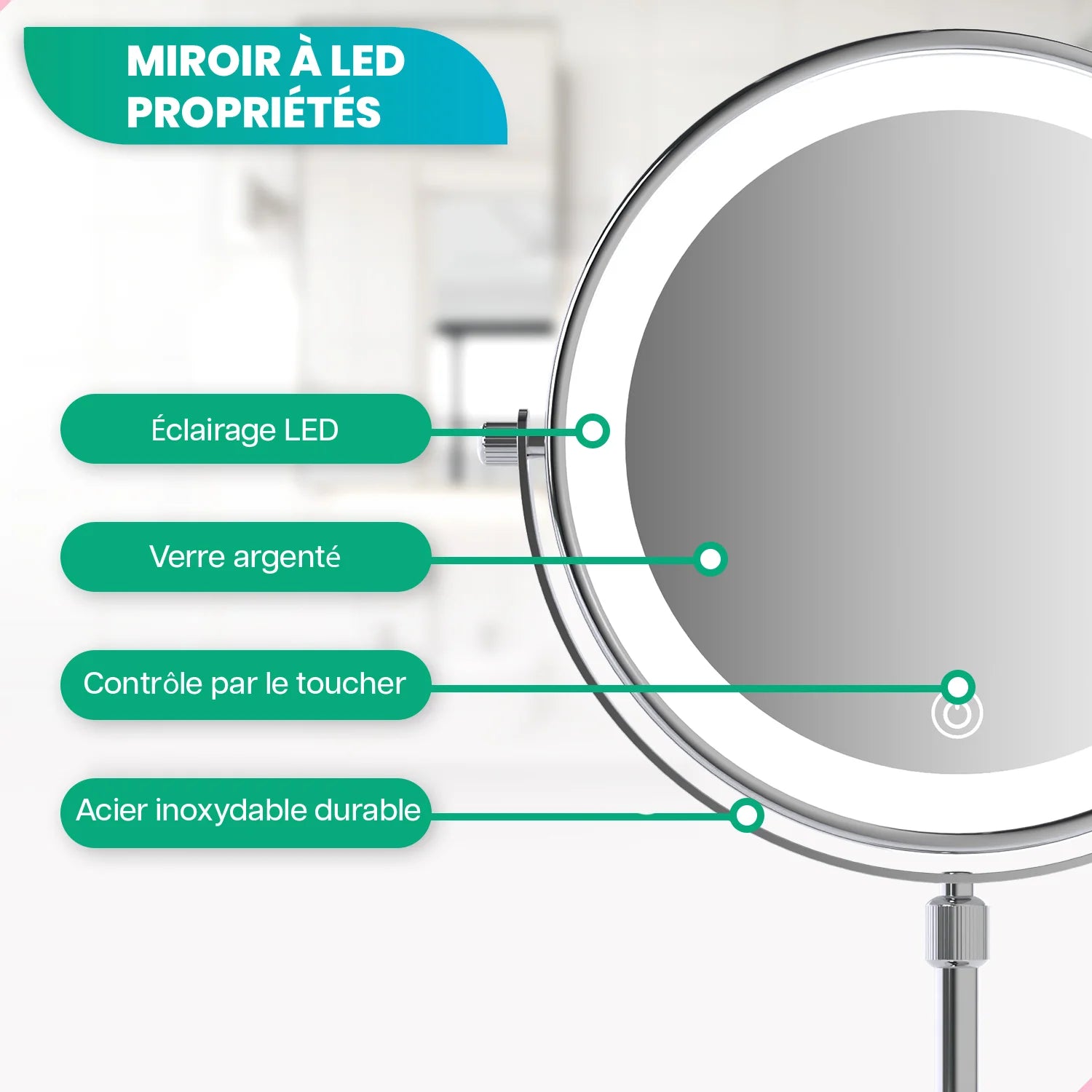 Miroir de maquillage - Hauteur réglable - Chrome - Grossissement 1-10x