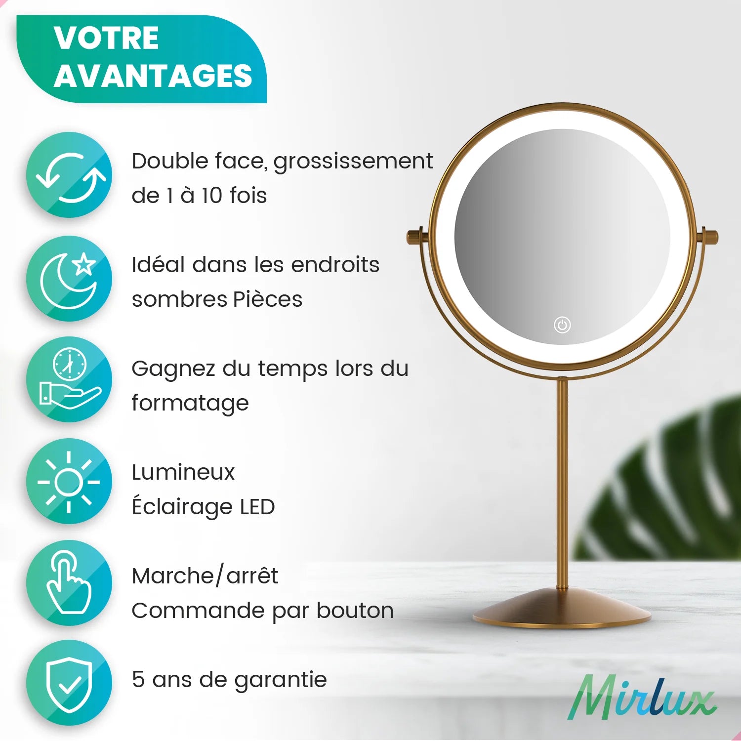 Miroir de maquillage - Rechargeable - Or - Grossissement 1-10x