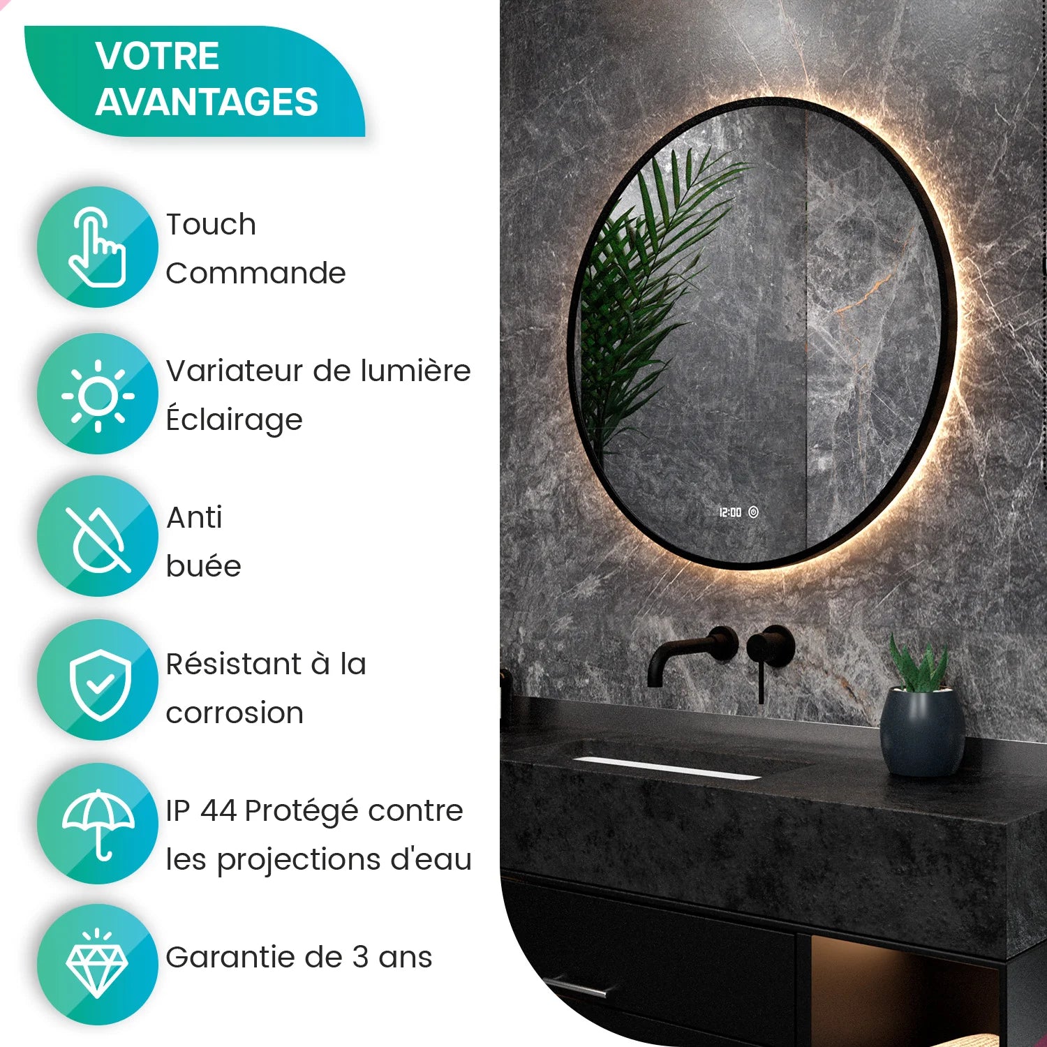 Miroir de salle de bains - 120 cm - Cadre noir - Précommander