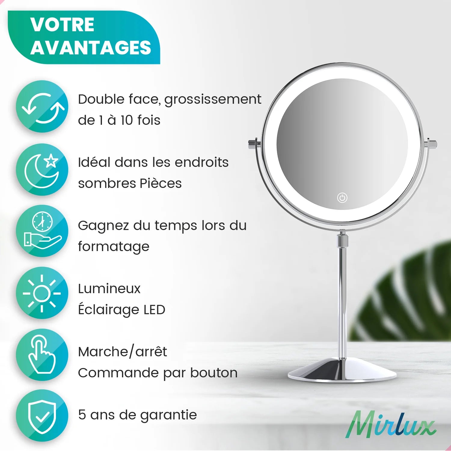 Miroir de maquillage - Hauteur réglable - Chrome - Grossissement 1-10x