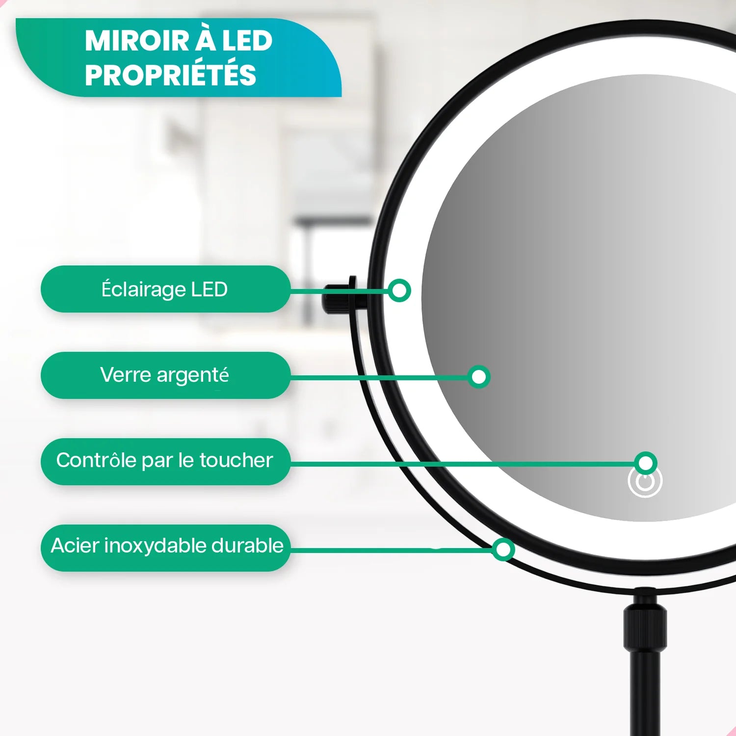 Miroir de maquillage - Hauteur réglable - Noir - Grossissement 1-10x