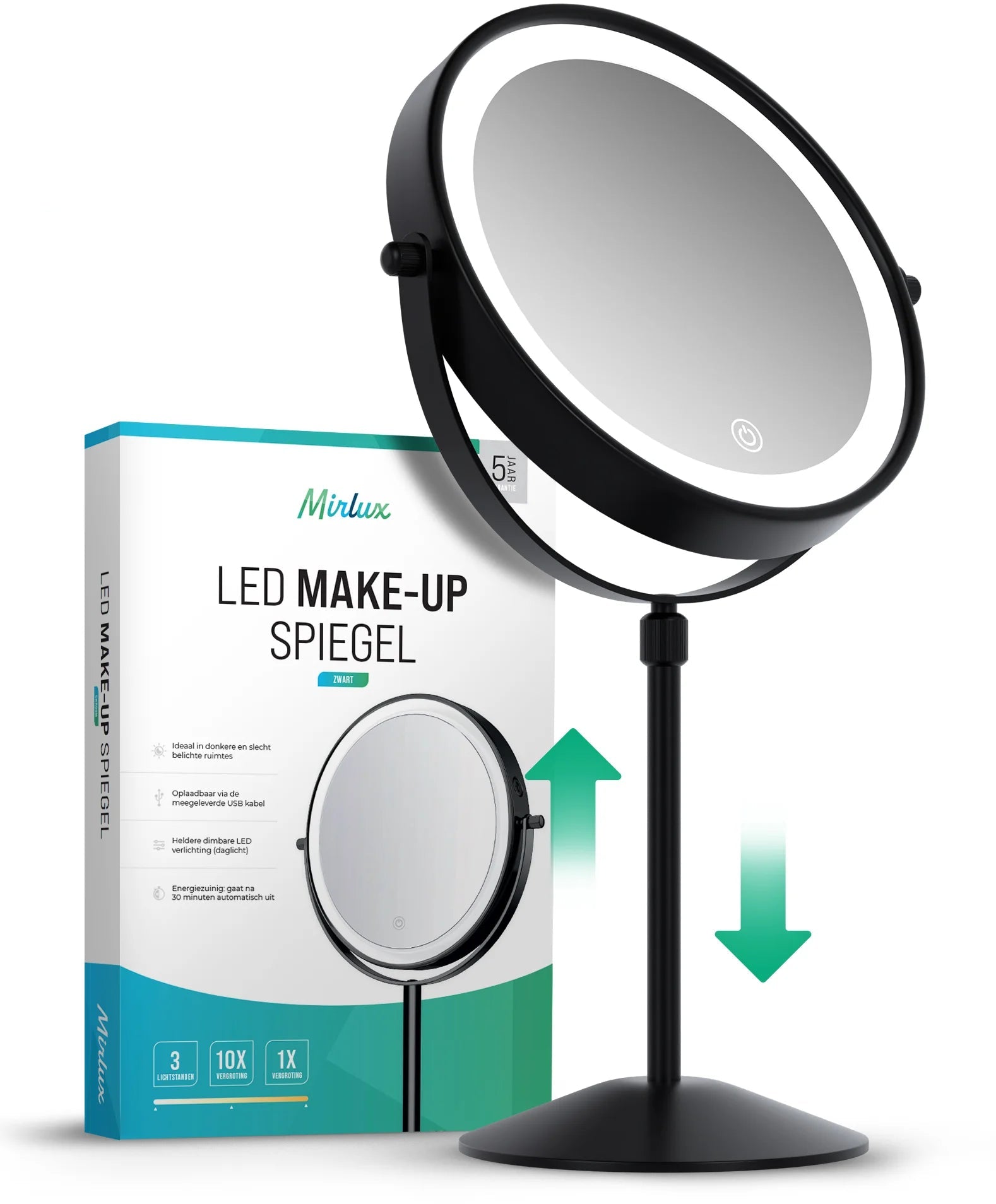 Miroir de maquillage - Hauteur réglable - Noir - Grossissement 1-10x