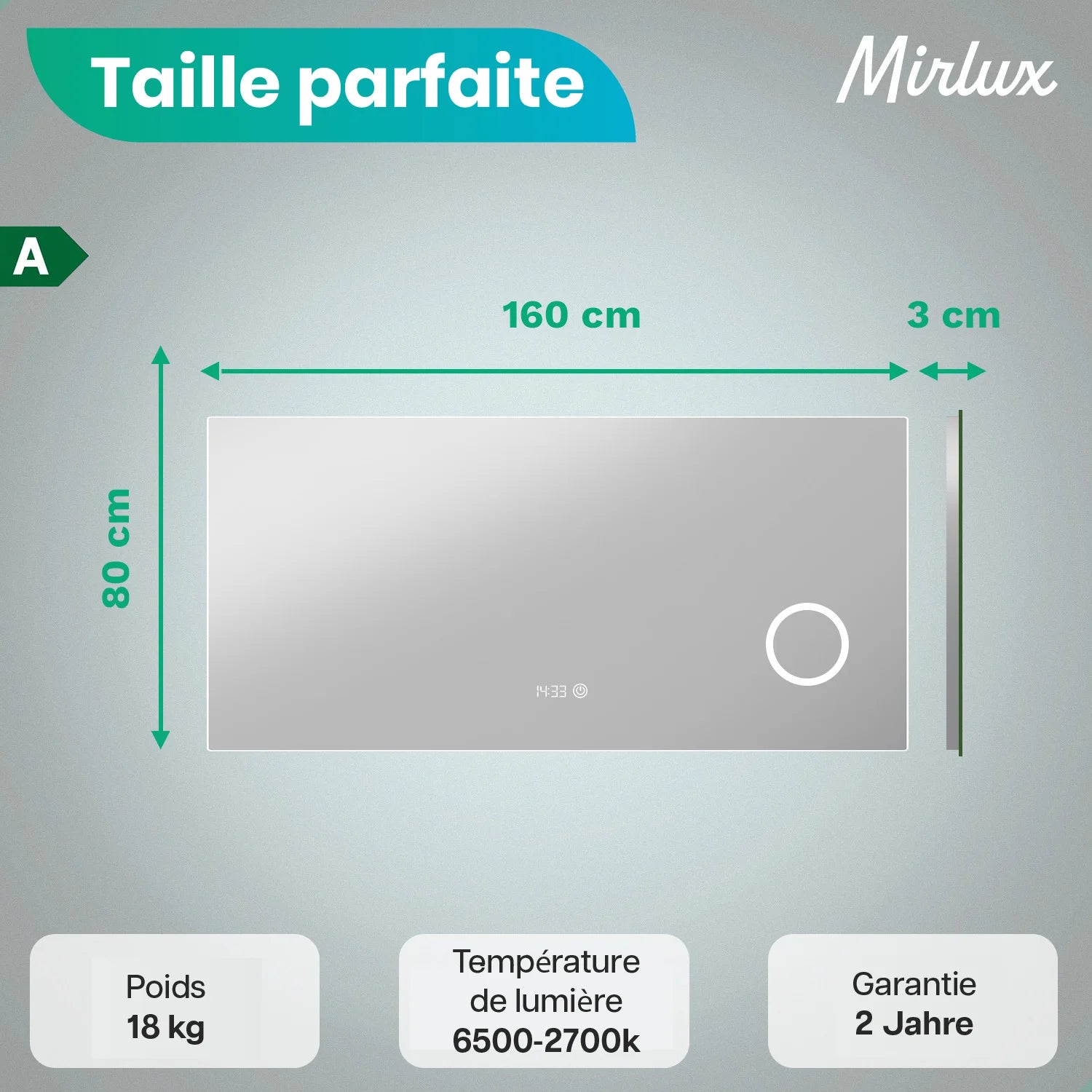 Miroir de salle de bains - 160x80 cm - Sans cadre