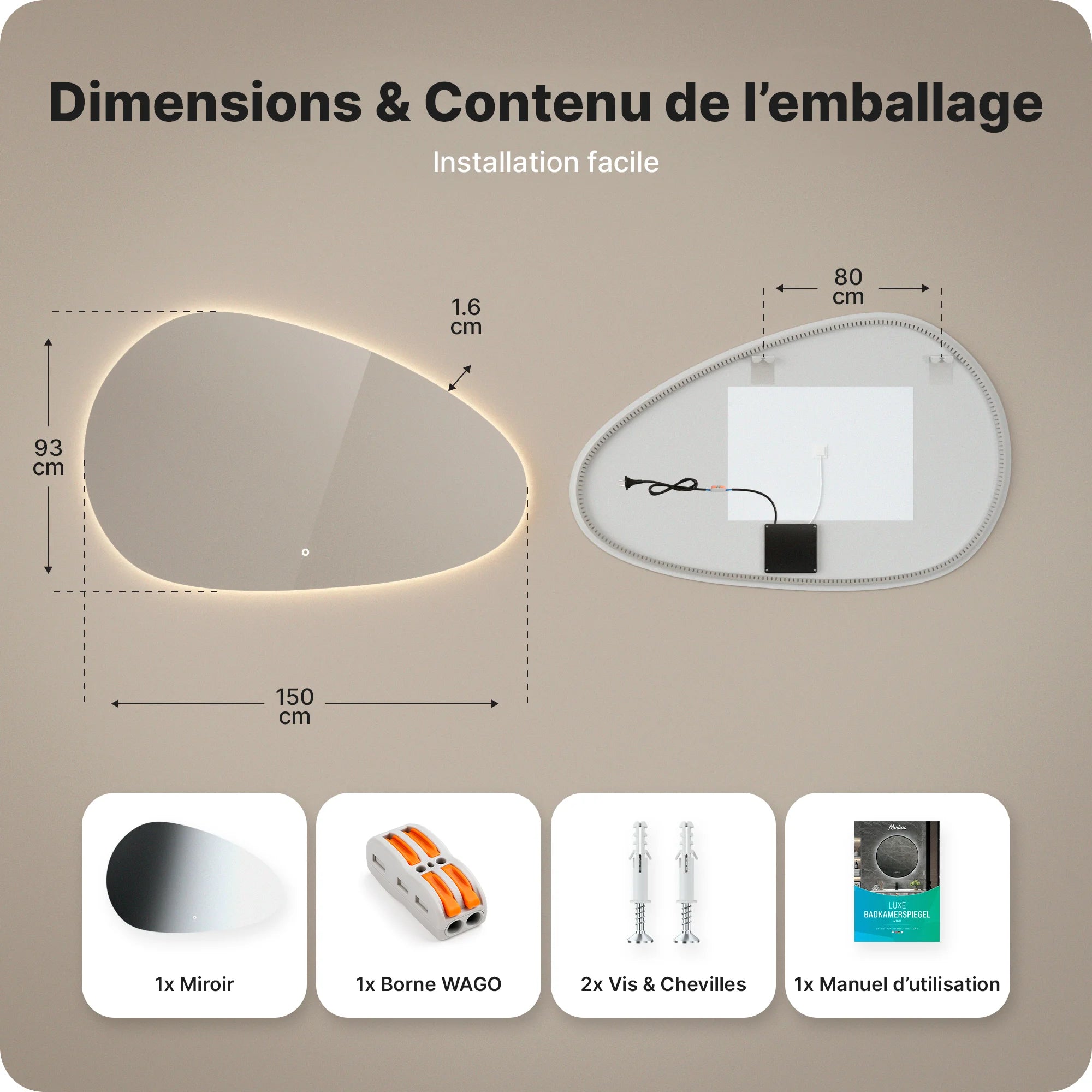 Miroir de salle de bains - 150x93cm Asymétrique - Sans cadre - Précommander