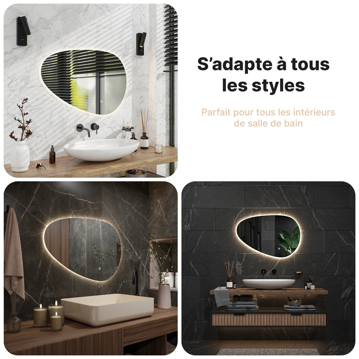 Miroir de salle de bain - 90x60cm Asymétrique - Sans cadre