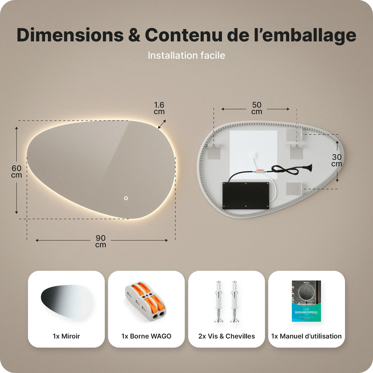 Miroir de salle de bain - 90x60cm Asymétrique - Sans cadre