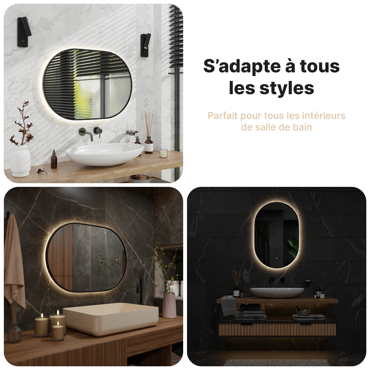 Miroir de Salle de Bain - 90x60cm - Cadre Noir - Précommander