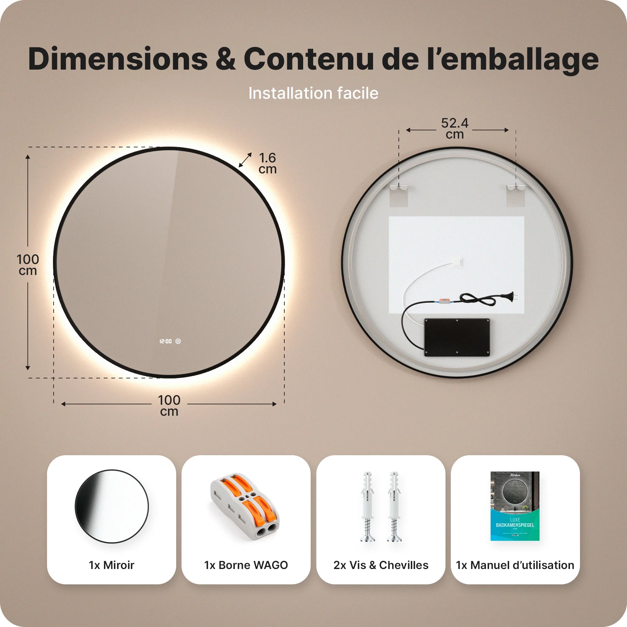 Miroir de salle de bain - 100cm - Cadre noir