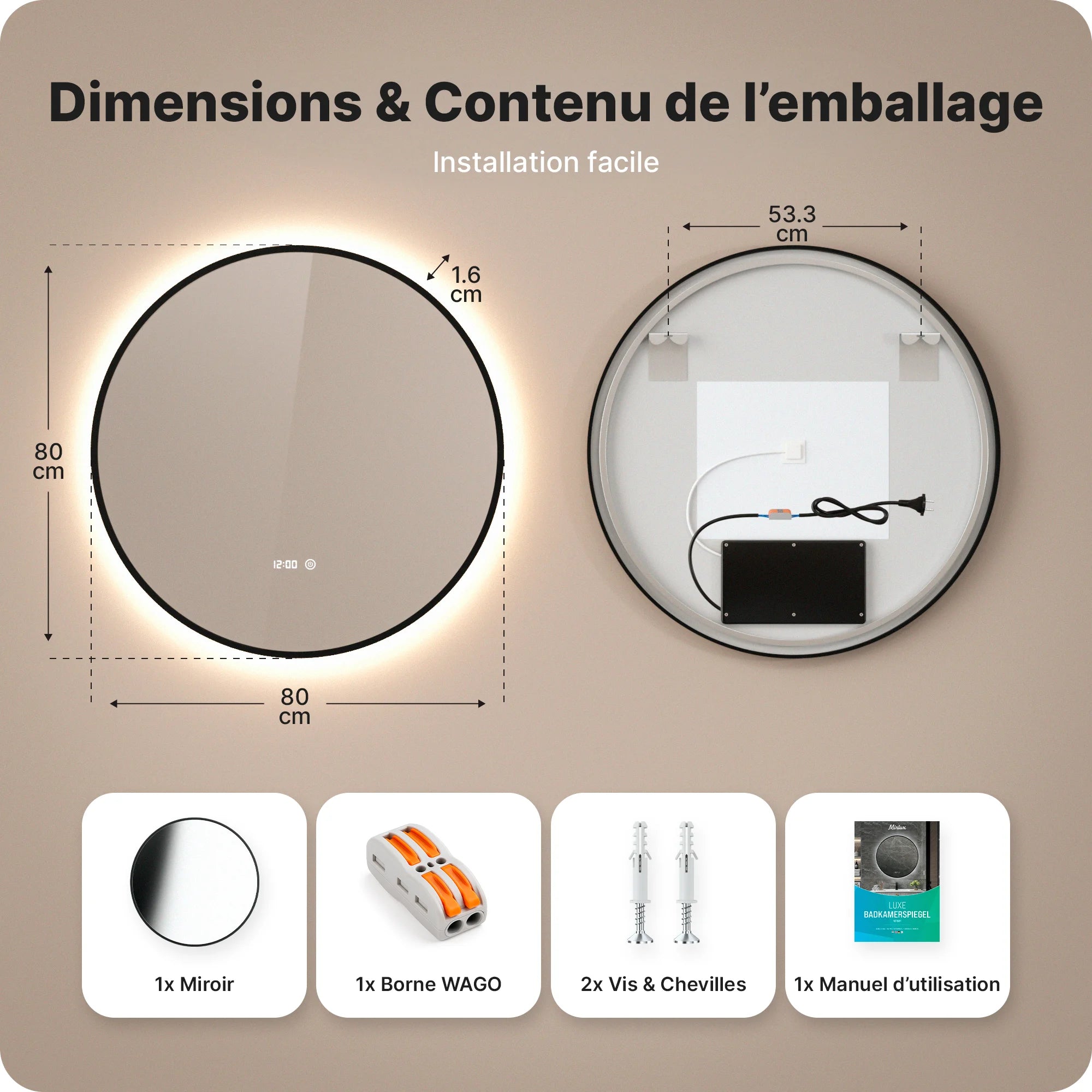 Miroir de Salle de Bain - 80cm - Cadre Noir