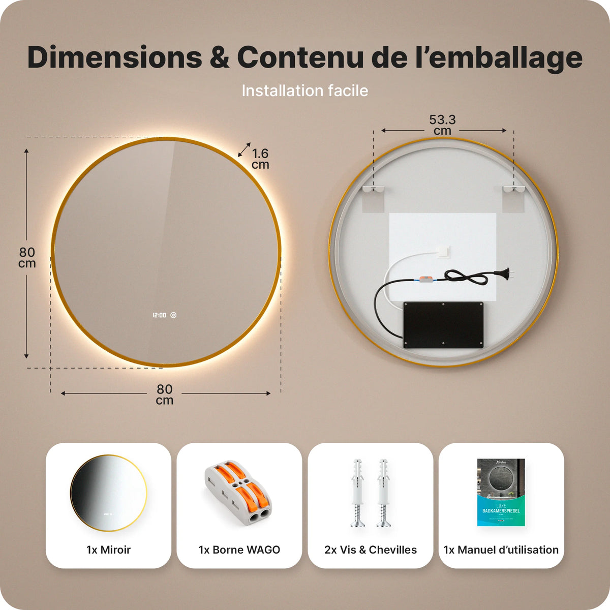 Miroir de salle de bains - 80 cm - Cadre Doré - Précommander
