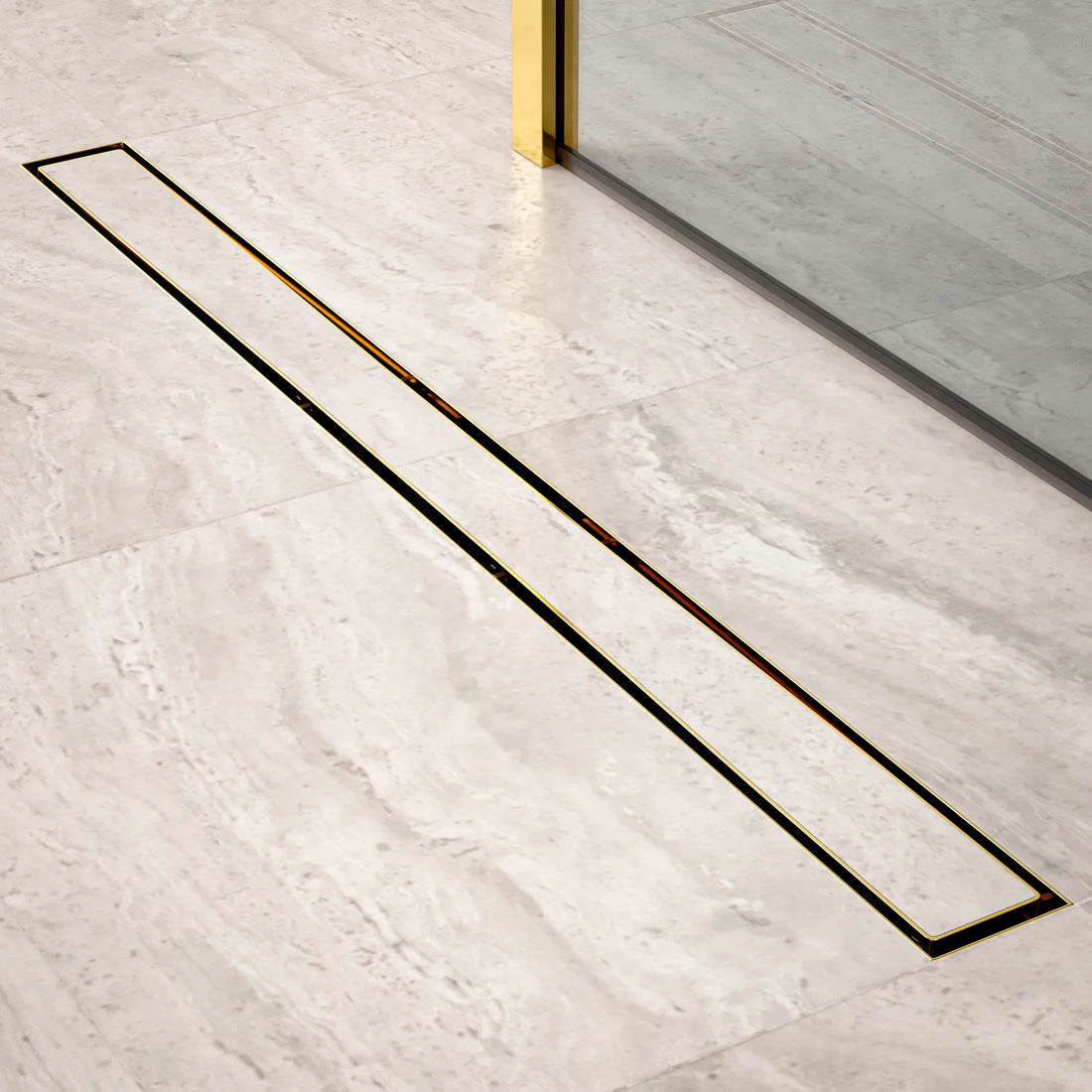 Caniveau de douche – 90 cm – Or – Grille a carreaux – Acier inoxydable – avec bride