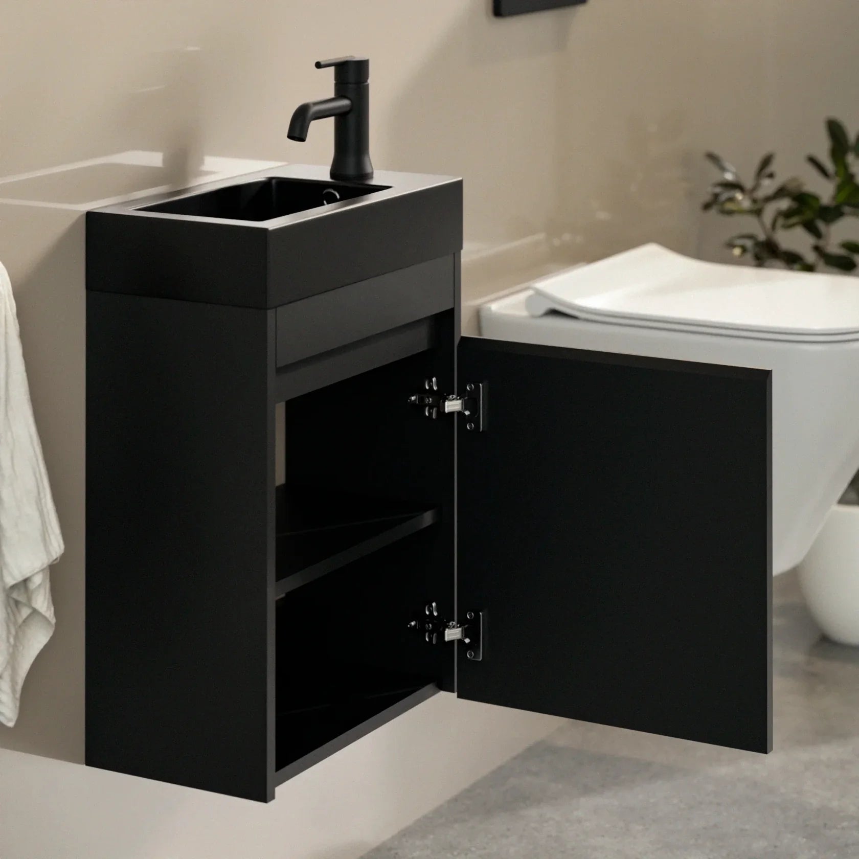 Meuble de toilette Elen – 40 cm – Noir mat – Vasque noire - Précommander