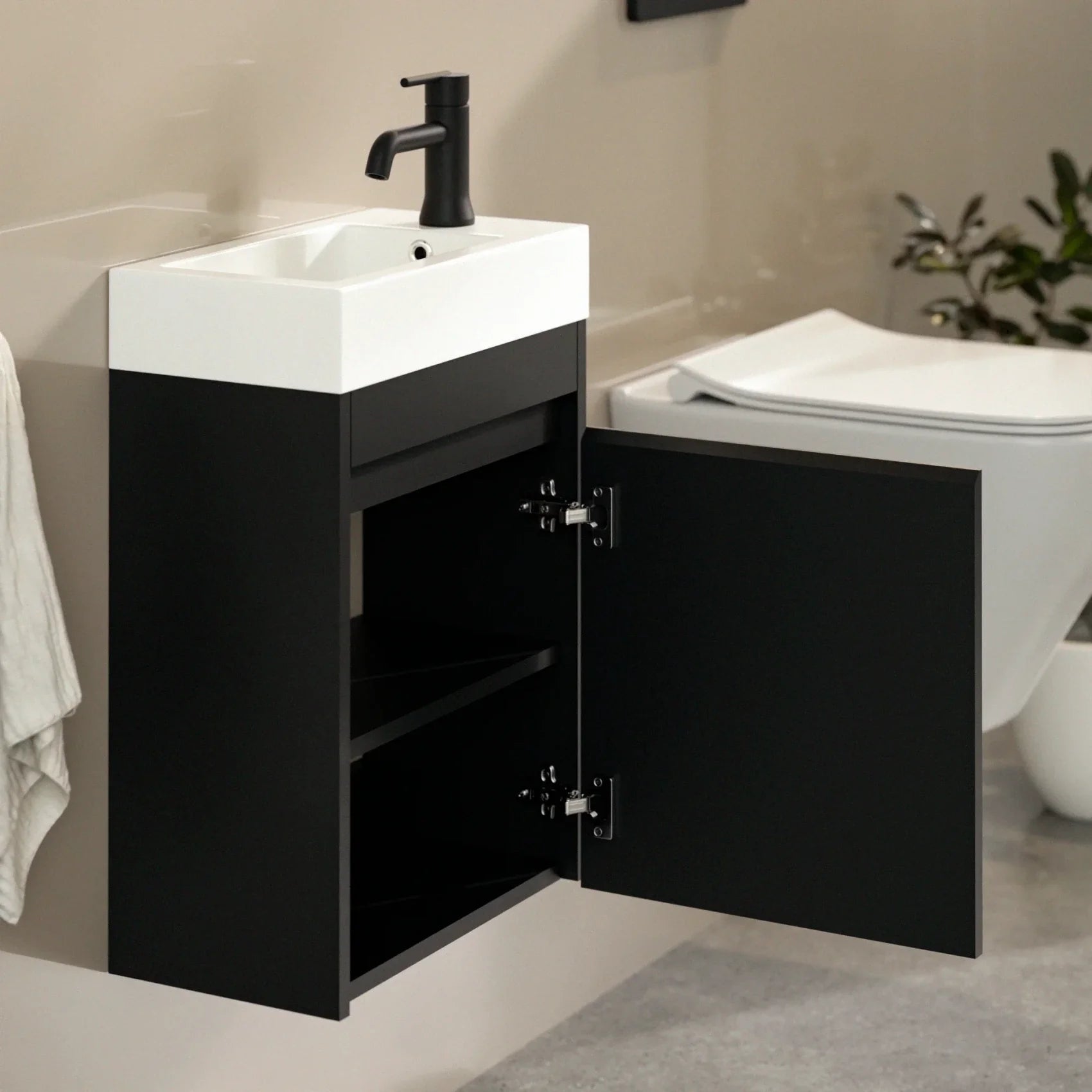 Meuble de toilette Vivo – 40 cm – Noir mat – Vasque blanche - Précommander