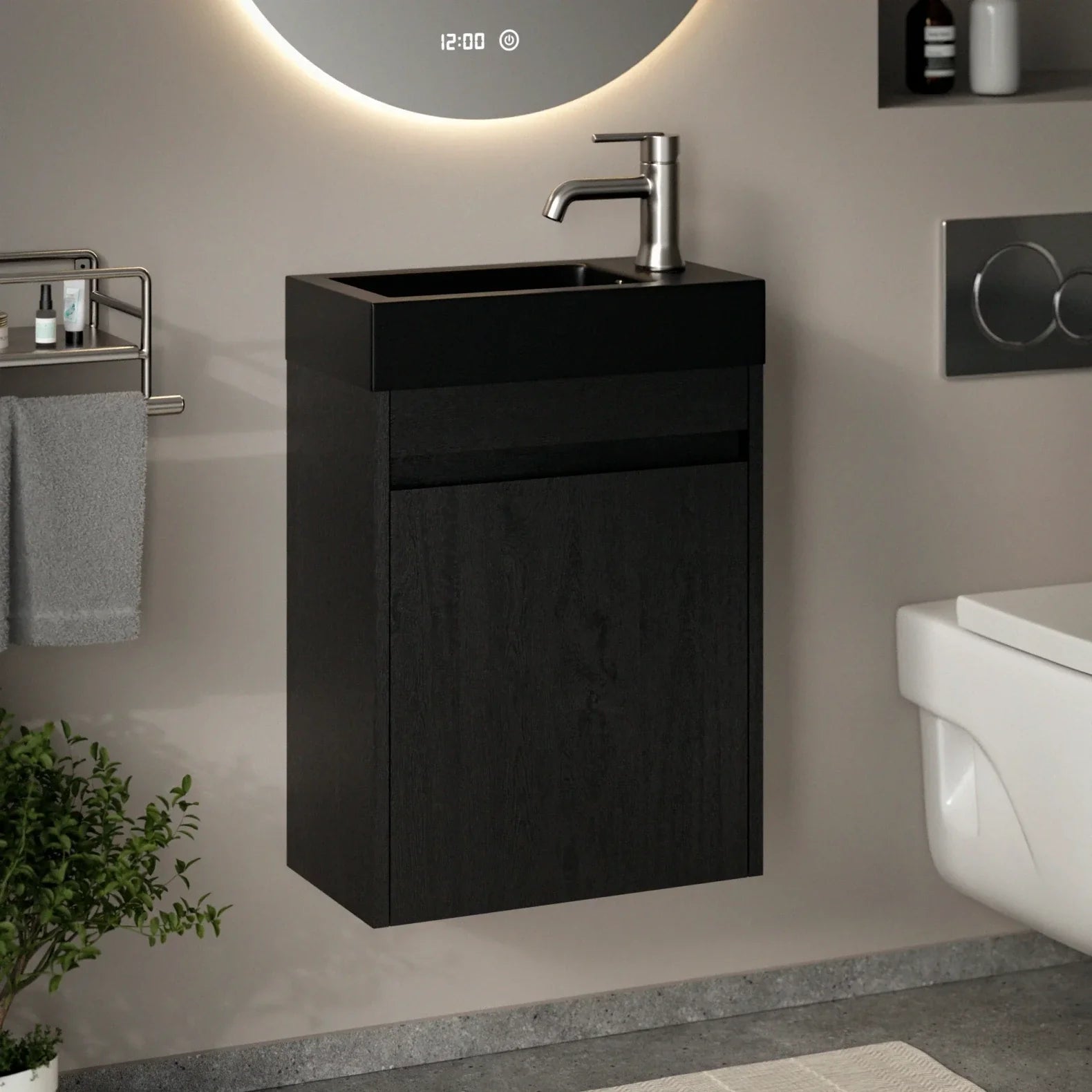 Meuble de toilette Elen – 40 cm – Chêne noir – Vasque noire - Précommander