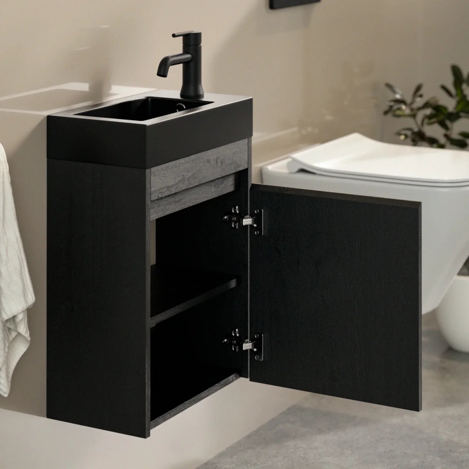 Meuble de toilette Elen – 40 cm – Chêne noir – Vasque noire - Précommander
