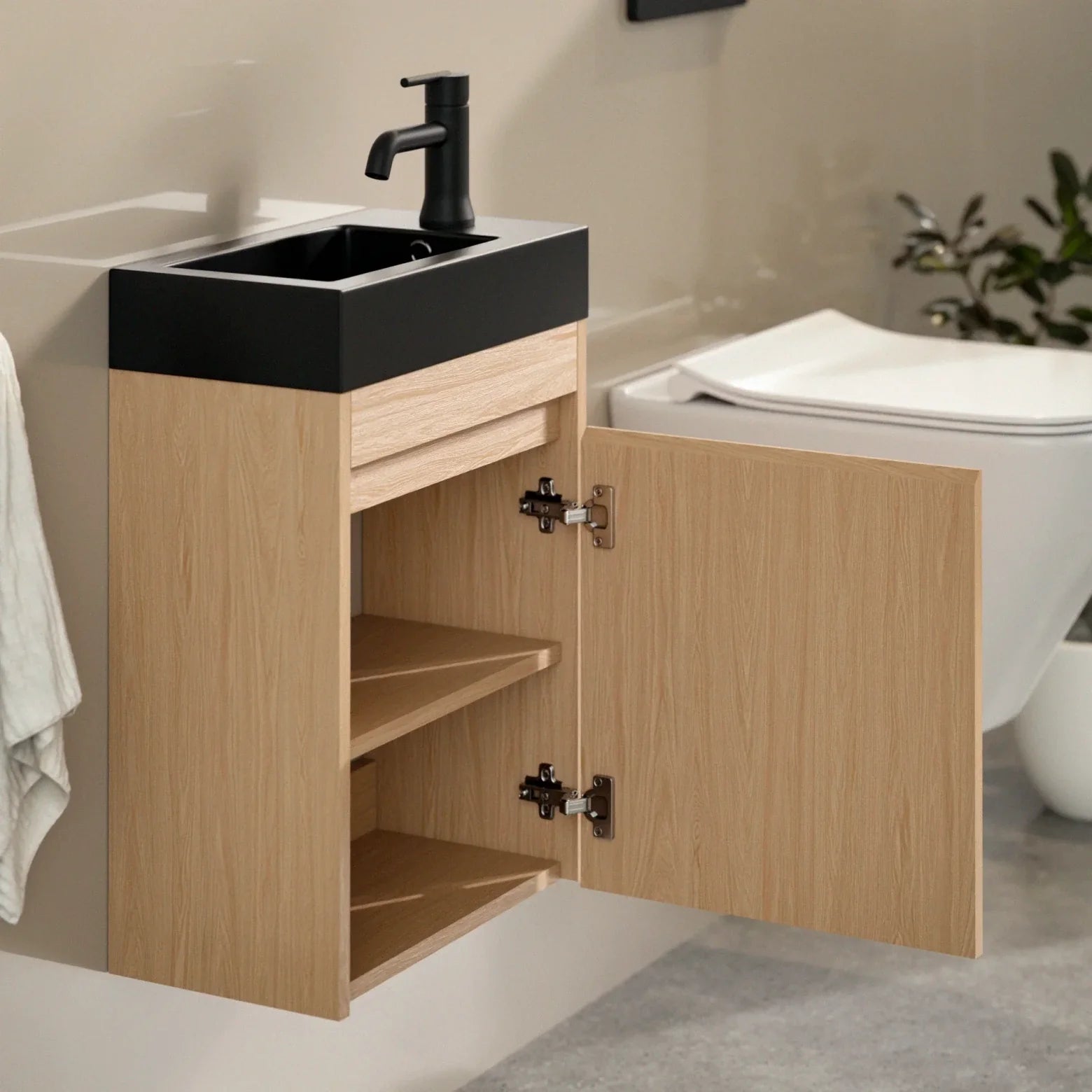 Meuble de toilette Elen – 40 cm – Chêne clair – Vasque noire - Précommander