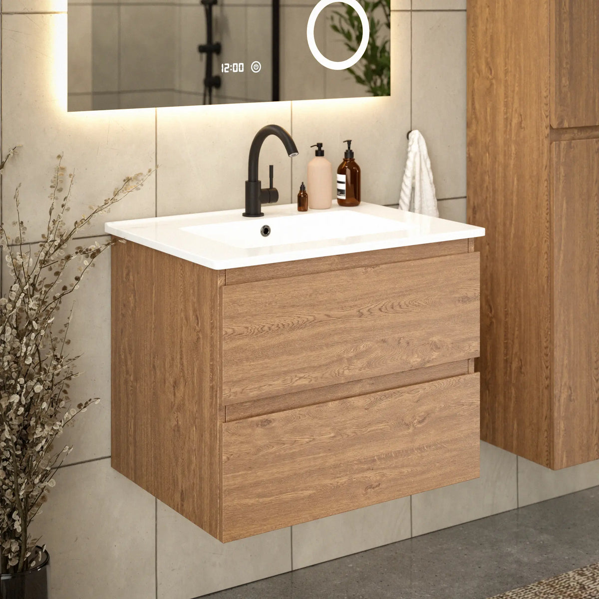 Meuble de salle de bains Norvi - 60 cm - Chêne chaud - Lavabo blanc