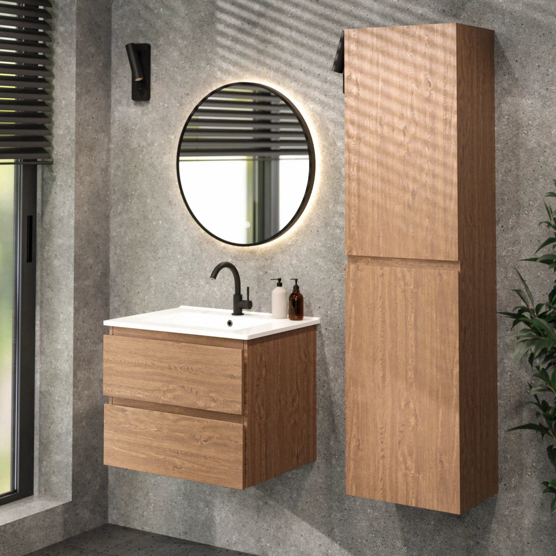 Meuble de salle de bains Norvi - 60 cm - Chêne chaud - Lavabo blanc
