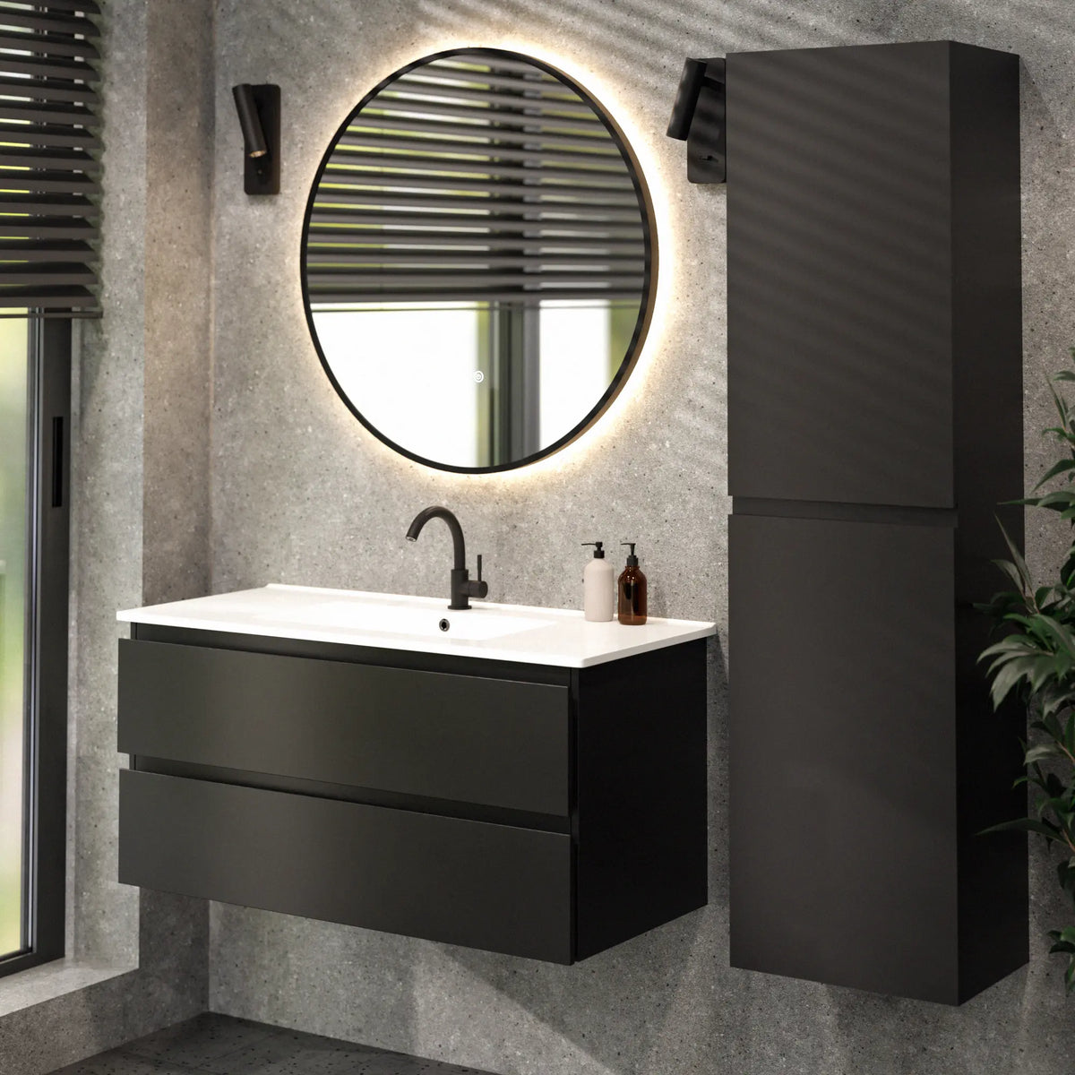 Meuble de salle de bains Varo - 100 cm - Noir - Lavabo blanc