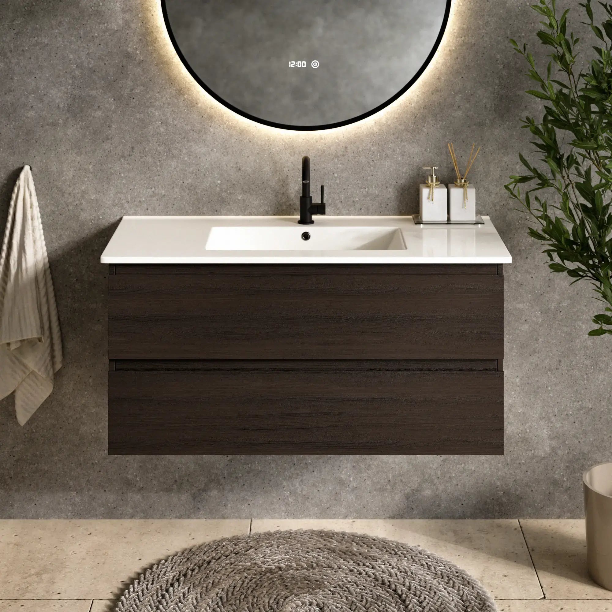 Meuble de salle de bain Varo - 100 cm - Noyer - Lavabo blanc - Précommander