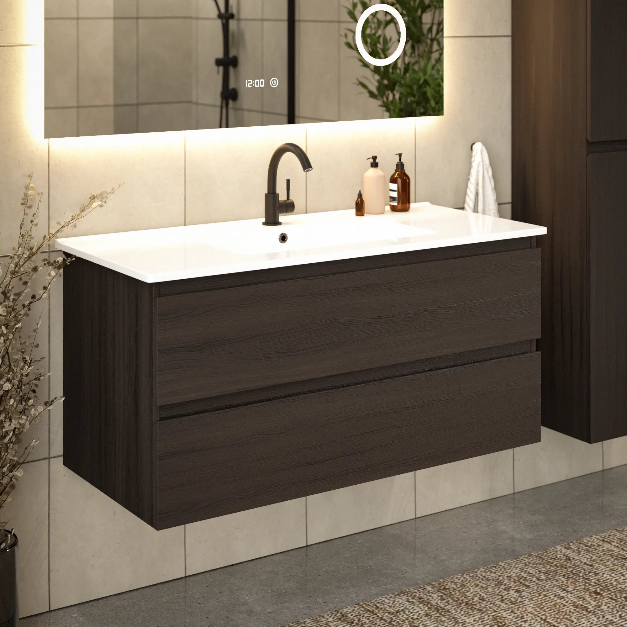 Meuble de salle de bain Varo - 100 cm - Noyer - Lavabo blanc - Précommander