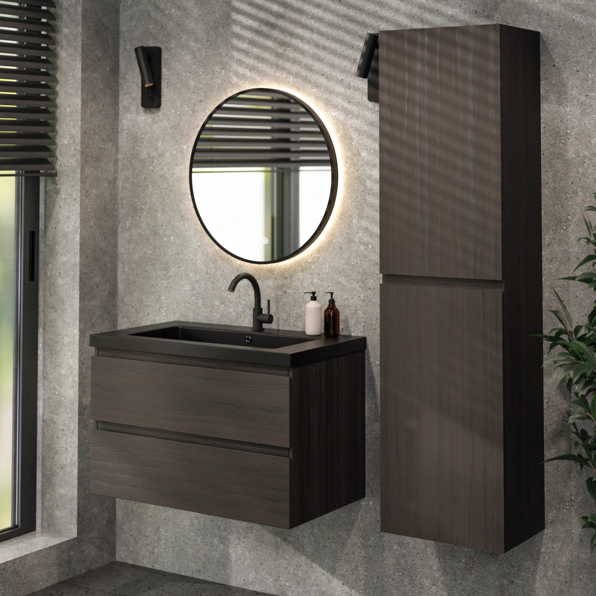 Meuble de salle de bain Sova - 80 cm - Bois de noyer - Lavabo Blanc Noir - Précommander