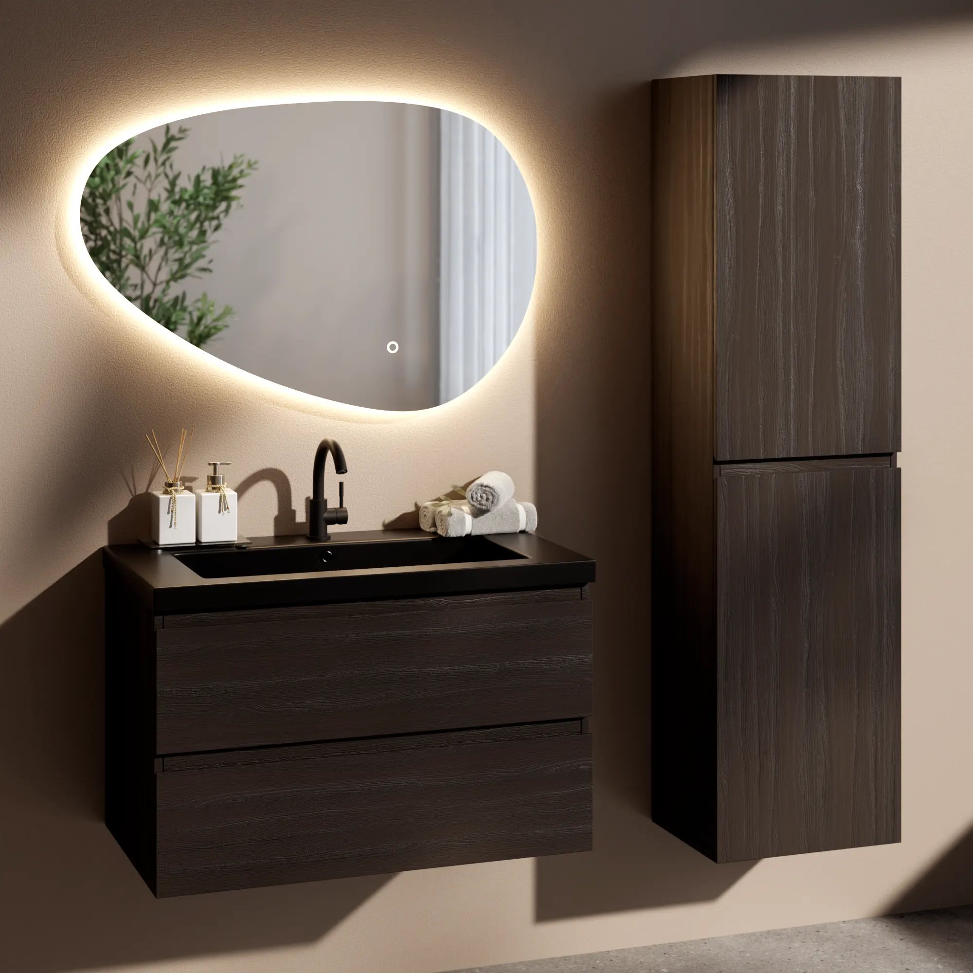 Meuble de salle de bain Sova - 80 cm - Bois de noyer - Lavabo Blanc Noir - Précommander