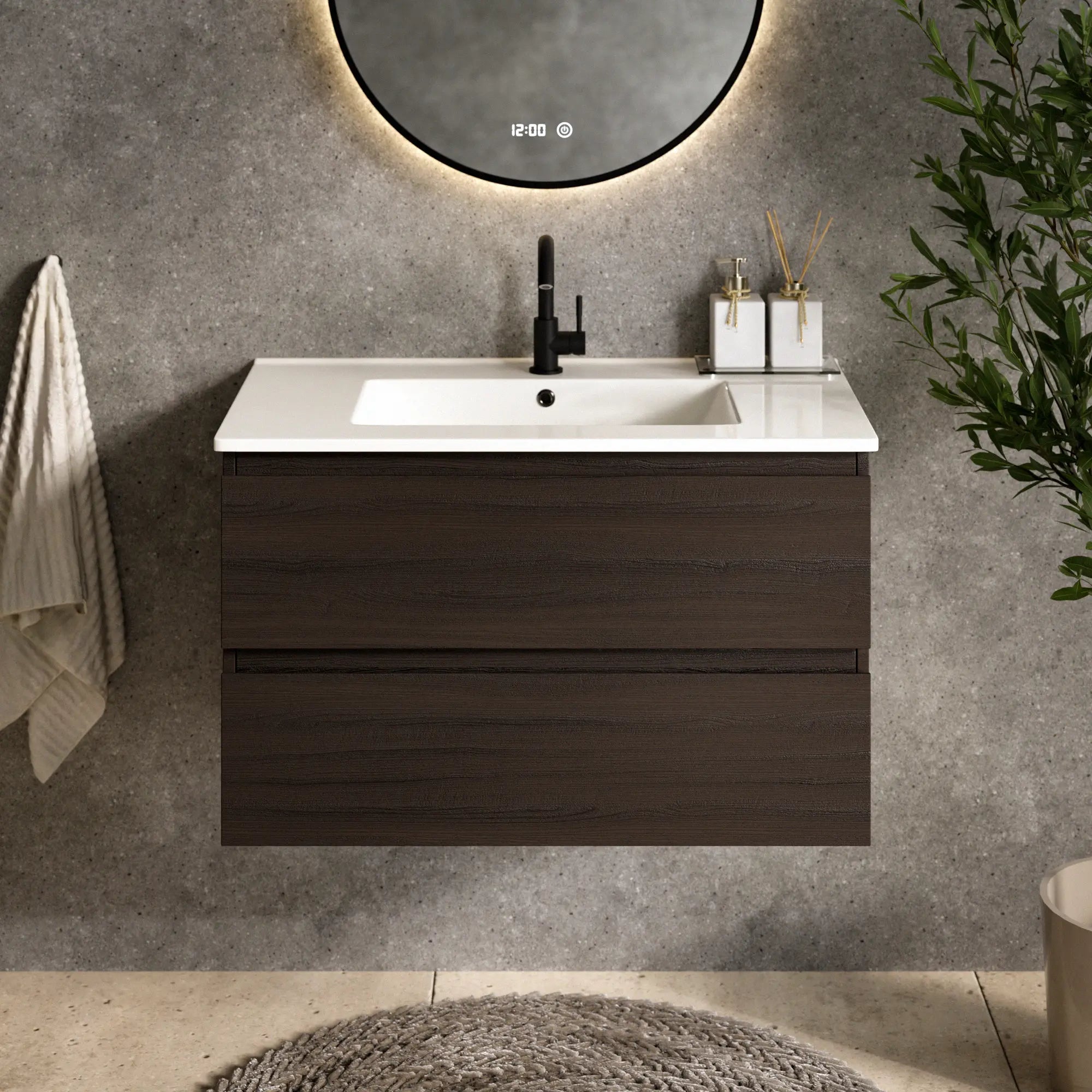 Meuble de salle de bain Luma - 80 cm - Noyer - Lavabo blanc - Précommander
