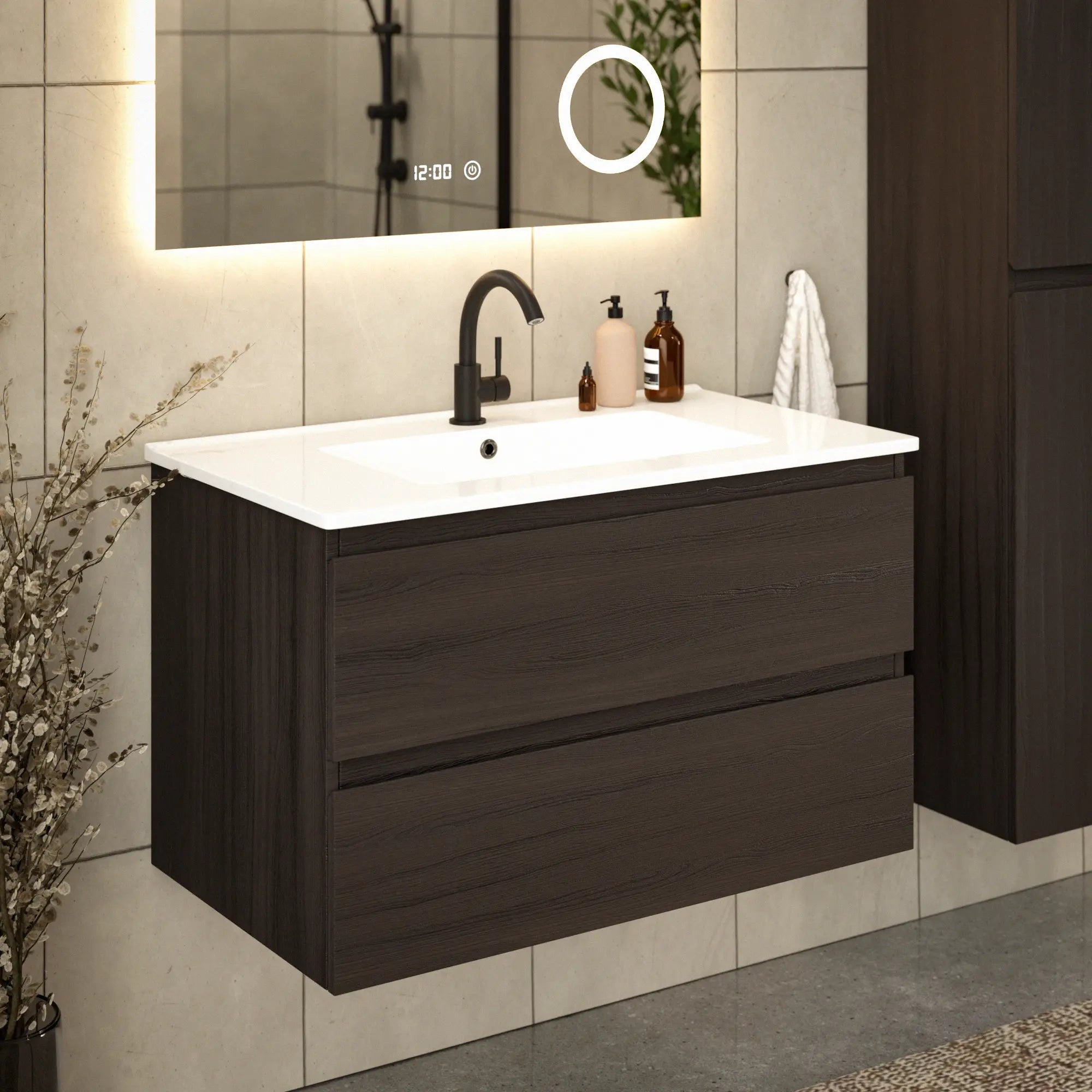 Meuble de salle de bain Luma - 80 cm - Noyer - Lavabo blanc - Précommander
