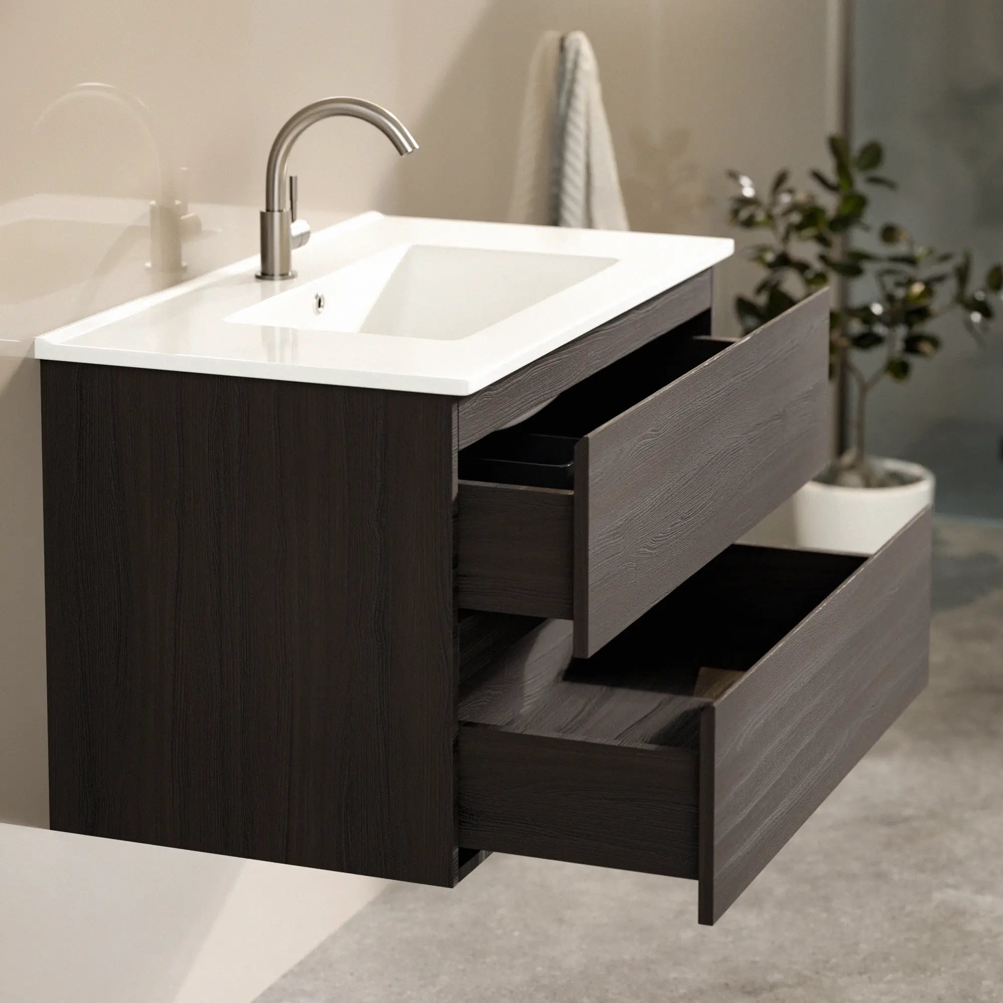 Meuble de salle de bain Luma - 80 cm - Noyer - Lavabo blanc - Précommander