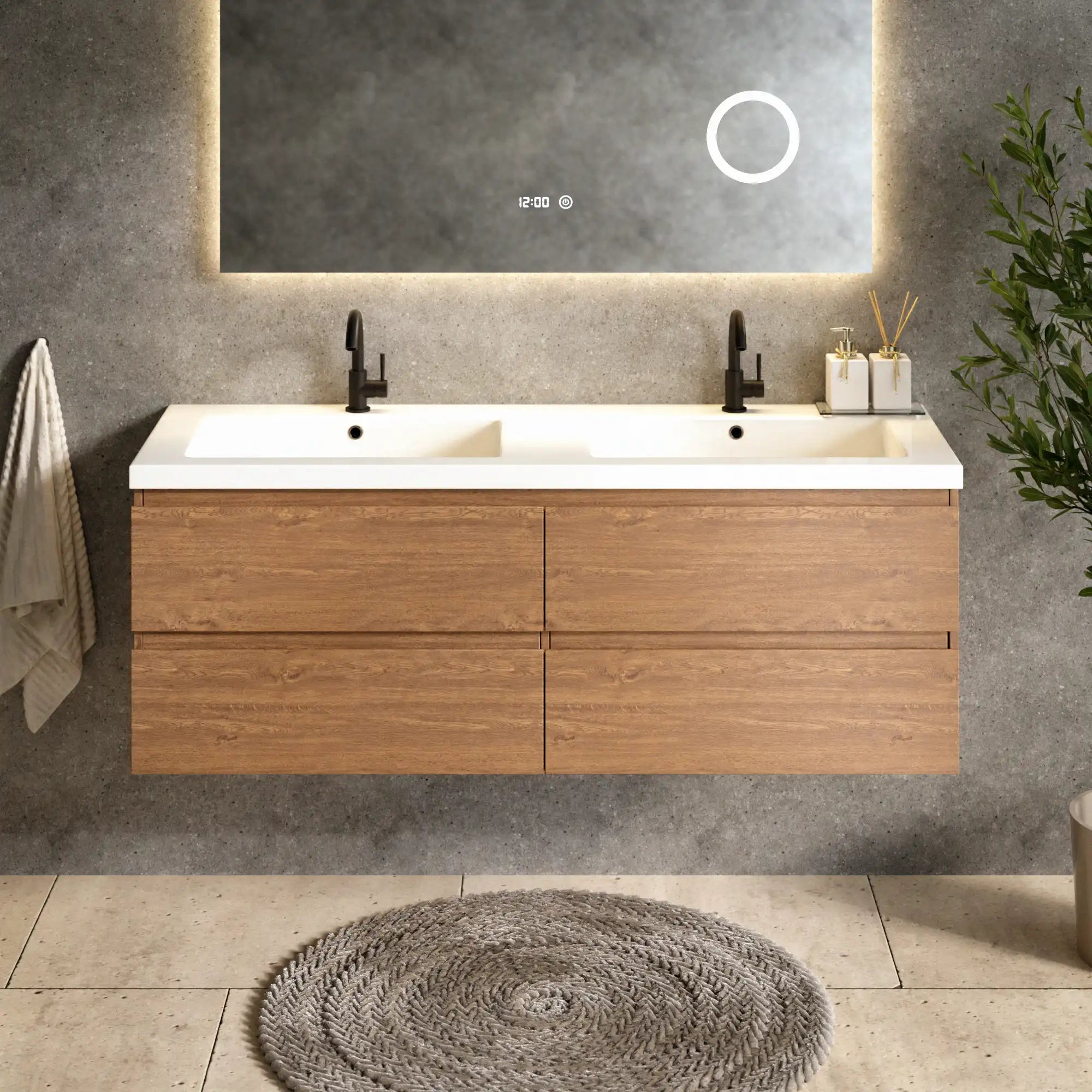 Meuble de salle de bain Arato - 140cm - 2 trous de robinet - chêne chaud - lavabo blanc
