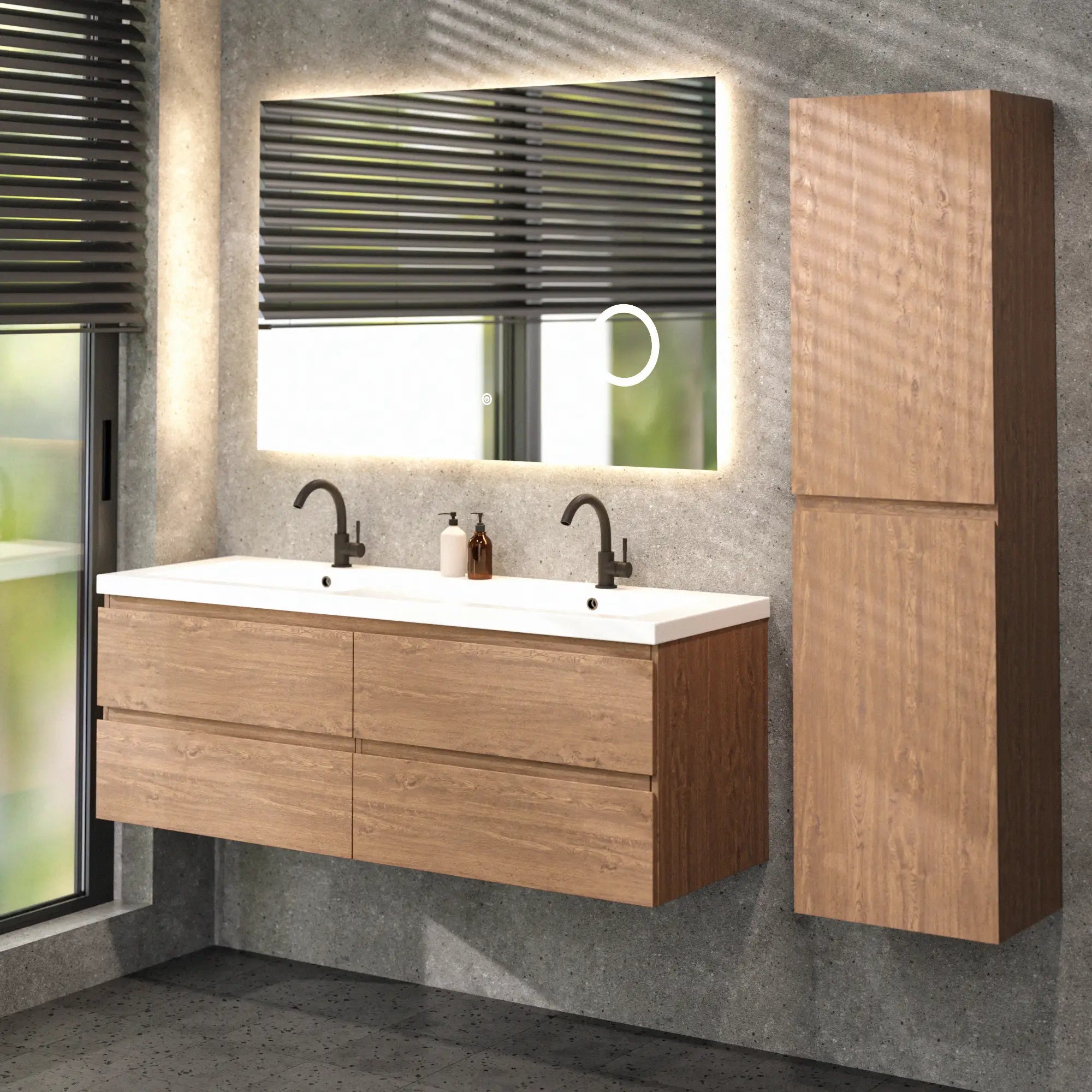 Meuble de salle de bain Arato - 140cm - 2 trous de robinet - chêne chaud - lavabo blanc