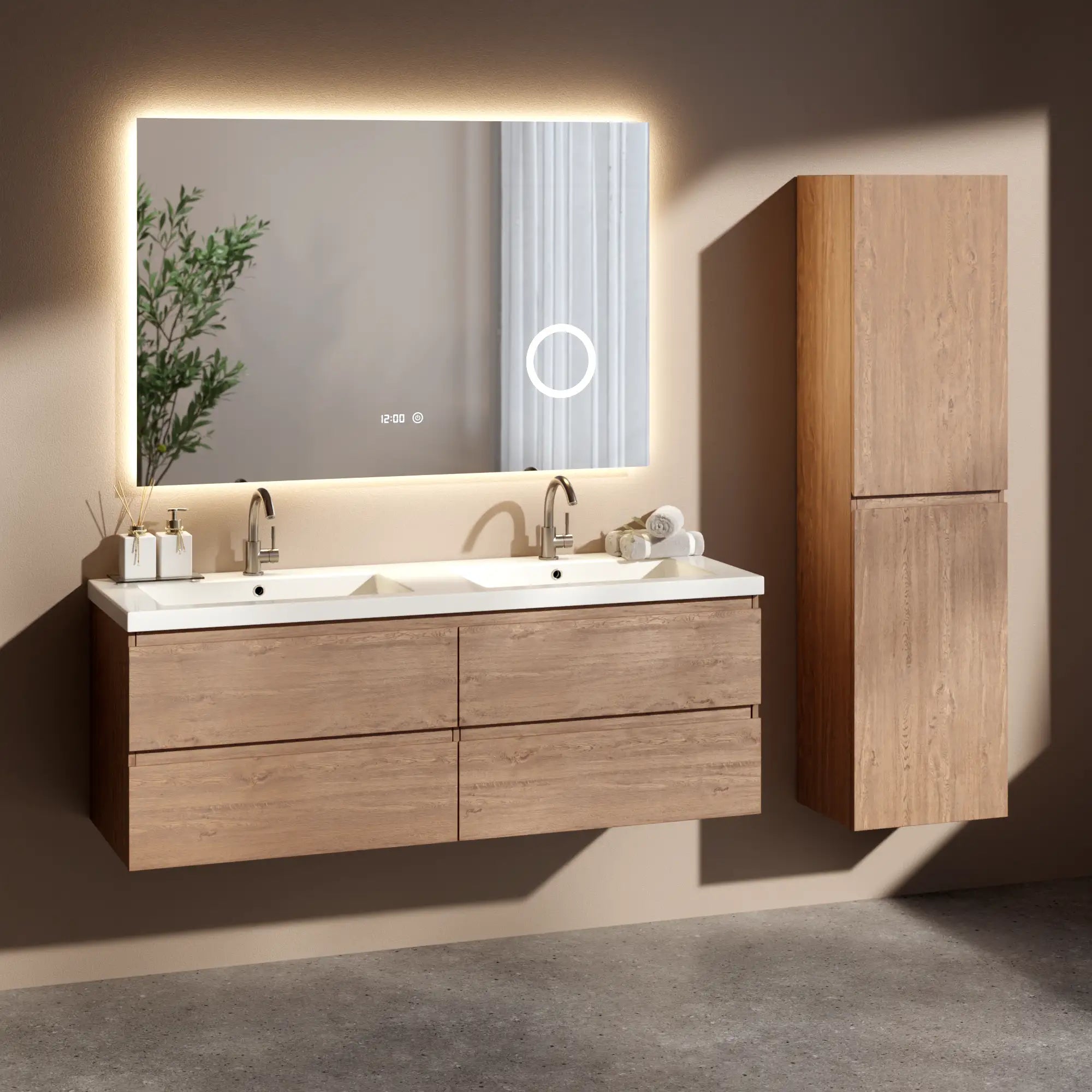 Meuble de salle de bain Arato - 140cm - 2 trous de robinet - chêne chaud - lavabo blanc