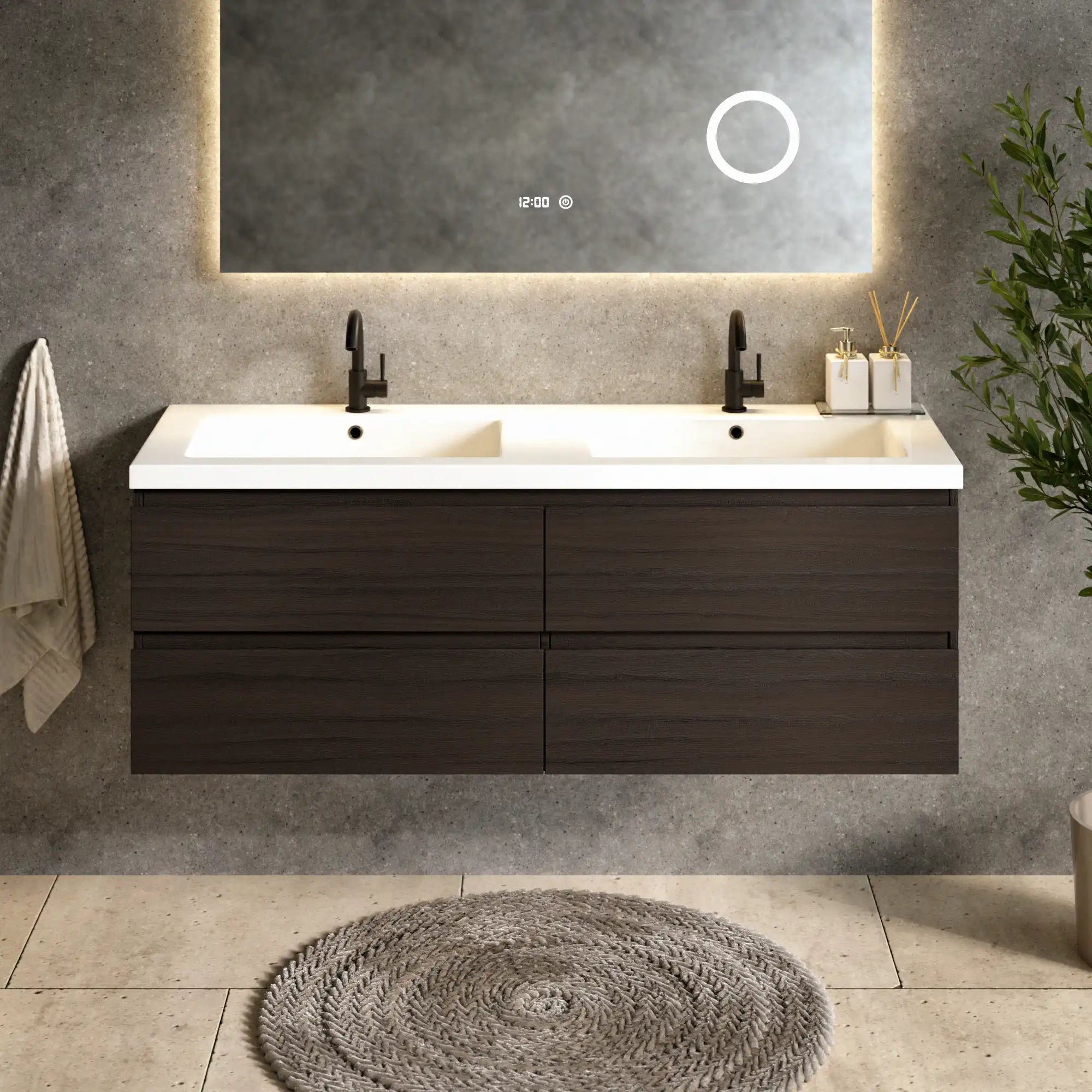 Meuble de salle de bain Arato - 140 cm - Bois noyer - Vasque blanche - Précommander