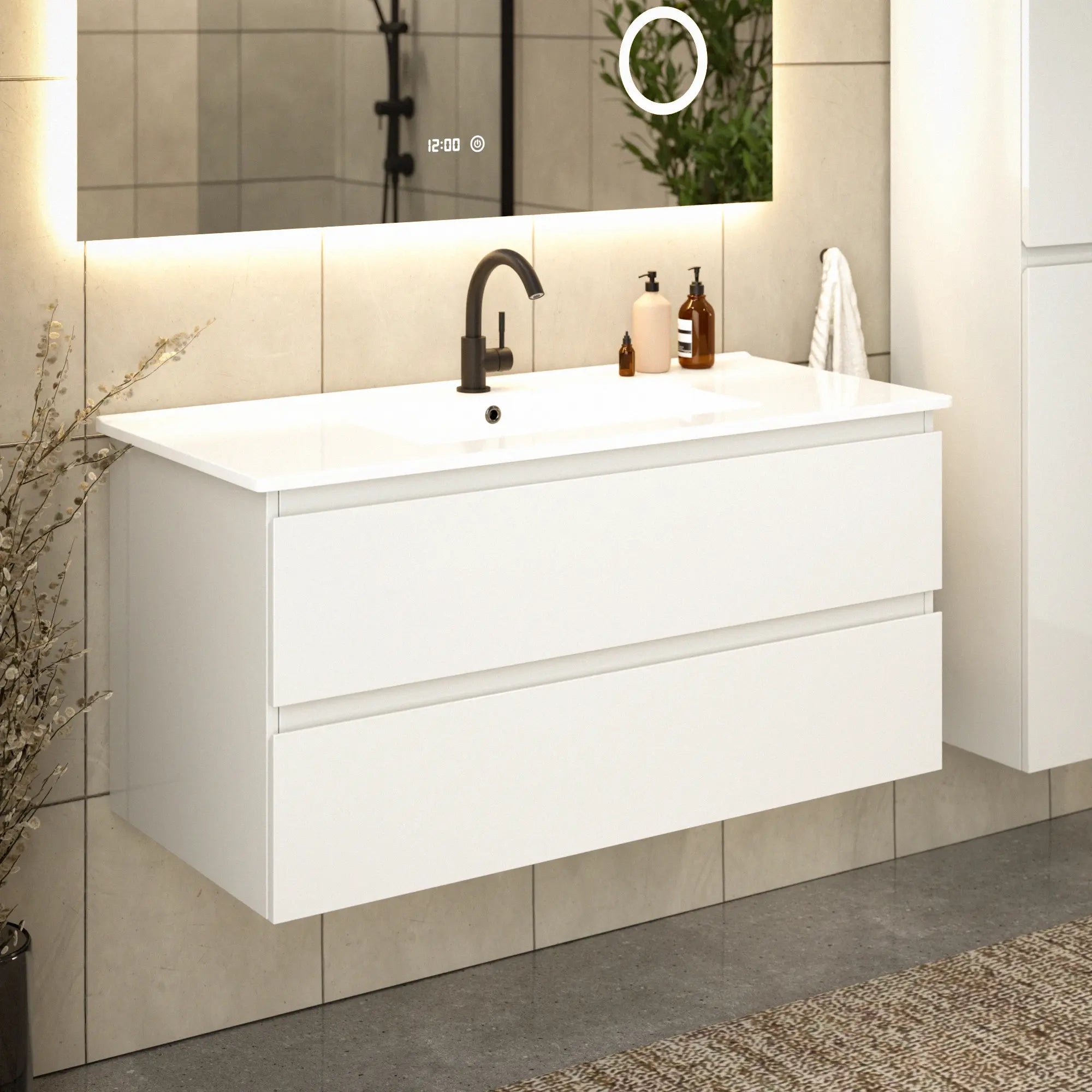 meuble de salle de bain Varo - 100 cm - Blanc - Lavabo blanc - PRÉCOMMANDE - Précommander