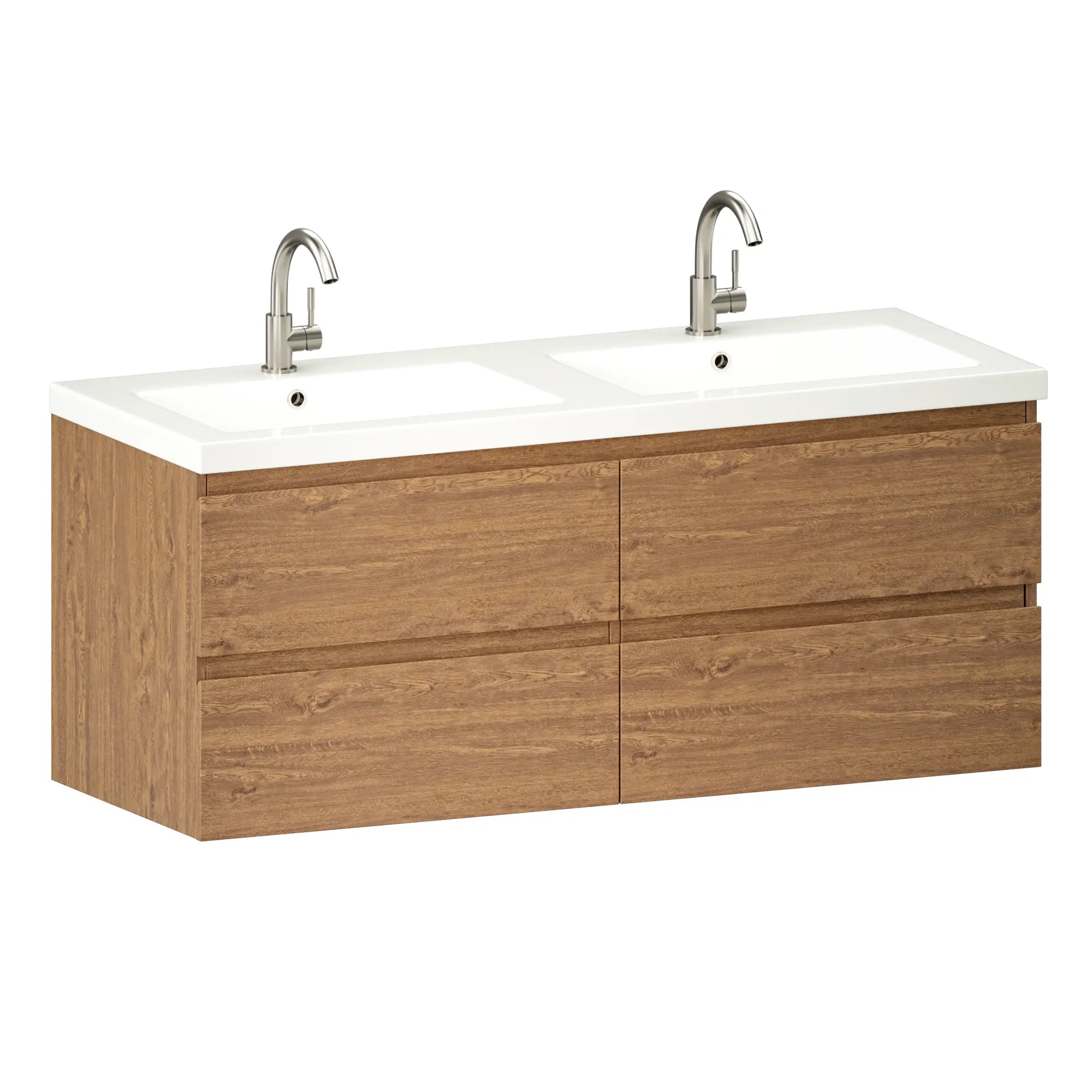 Meuble de salle de bain Asora - 120 cm - 2 trous de robinet - Chêne chaud - Lavabo Blanc
