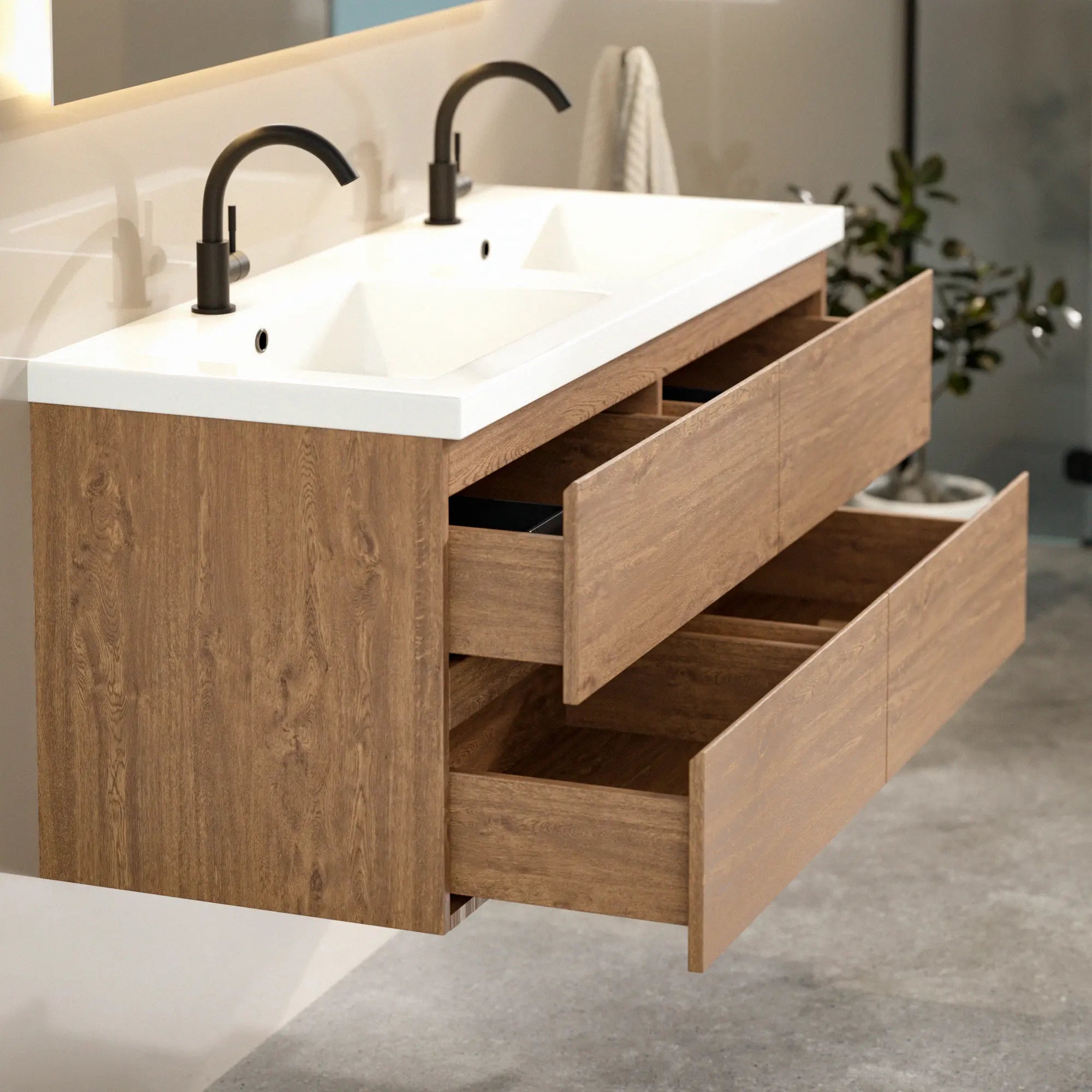 Meuble de salle de bain Asora - 120 cm - 2 trous de robinet - Chêne chaud - Lavabo Blanc